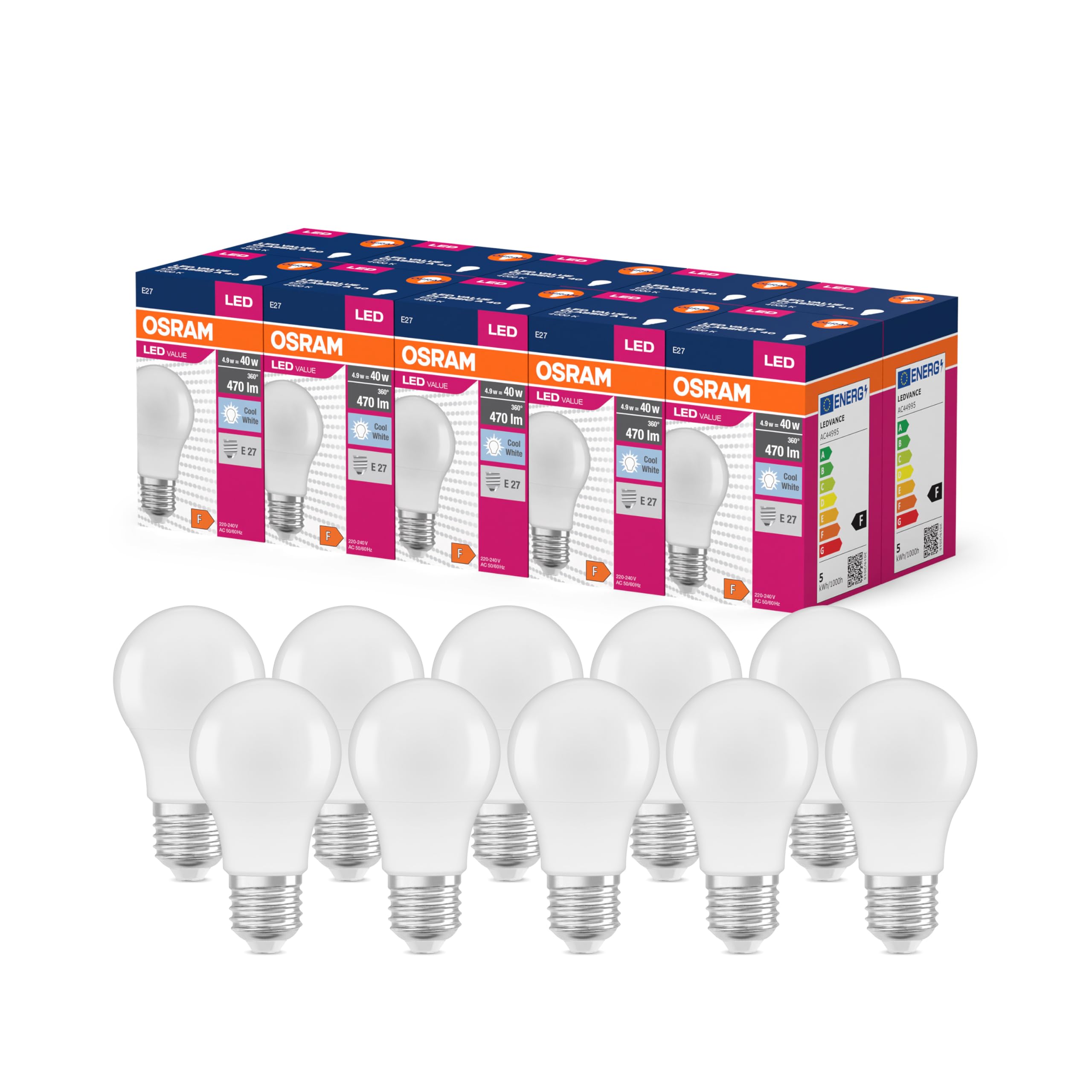 OSRAM Led Star Value Classic A40 Led Lamp for E27 Socket, Pear Shape, Fr, 470 Lumens, Cold White (4000K), Replacement for Conventional 40W Light Bulbs, Not Dimmable, 10-Pack