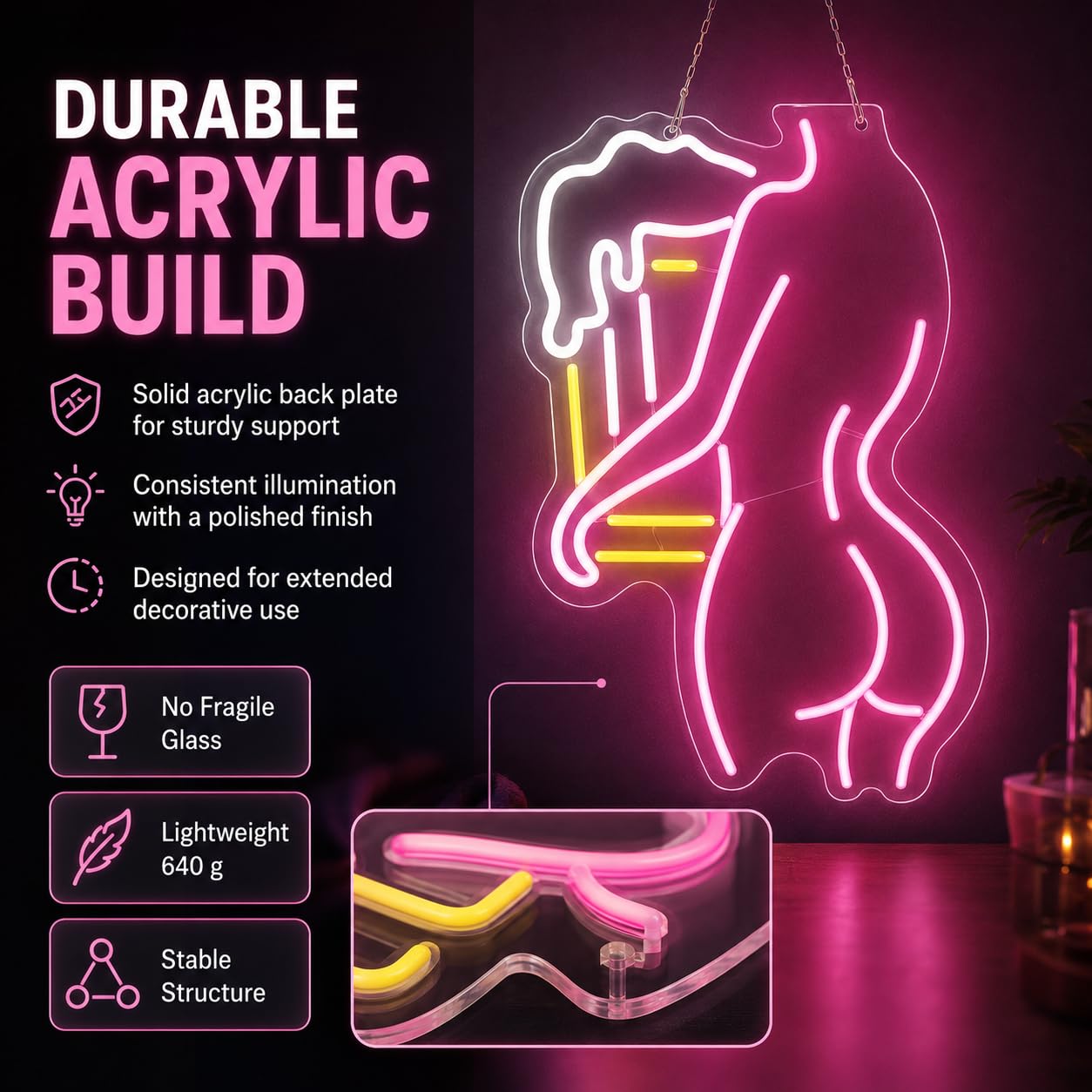 Insegna al neon con scritta "Lady Back", decorazione da parete a LED rosa, per camera da letto, bar, club, grotta degli uomini, soggiorno, decorazione per feste, alimentata tramite USB, 42 x 23 cm