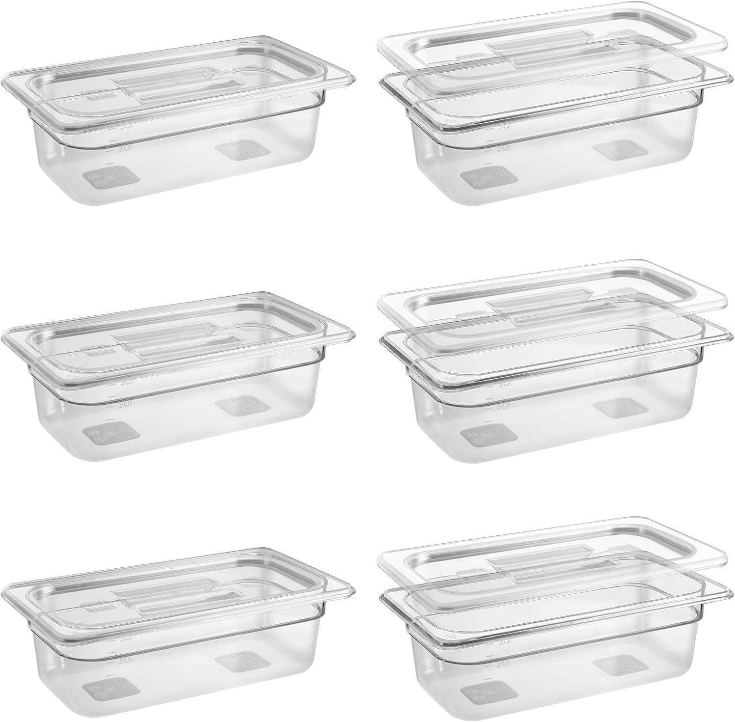 6 Pack 1/3 Size 4'' Deep Clear Food Pans with Lids, Commercial Food Pans Polycarbonate Transparent Food Storage Containers, Stackable Plastic Pan with Capacity Scale, Restaurant Supplies Hotel Pan
