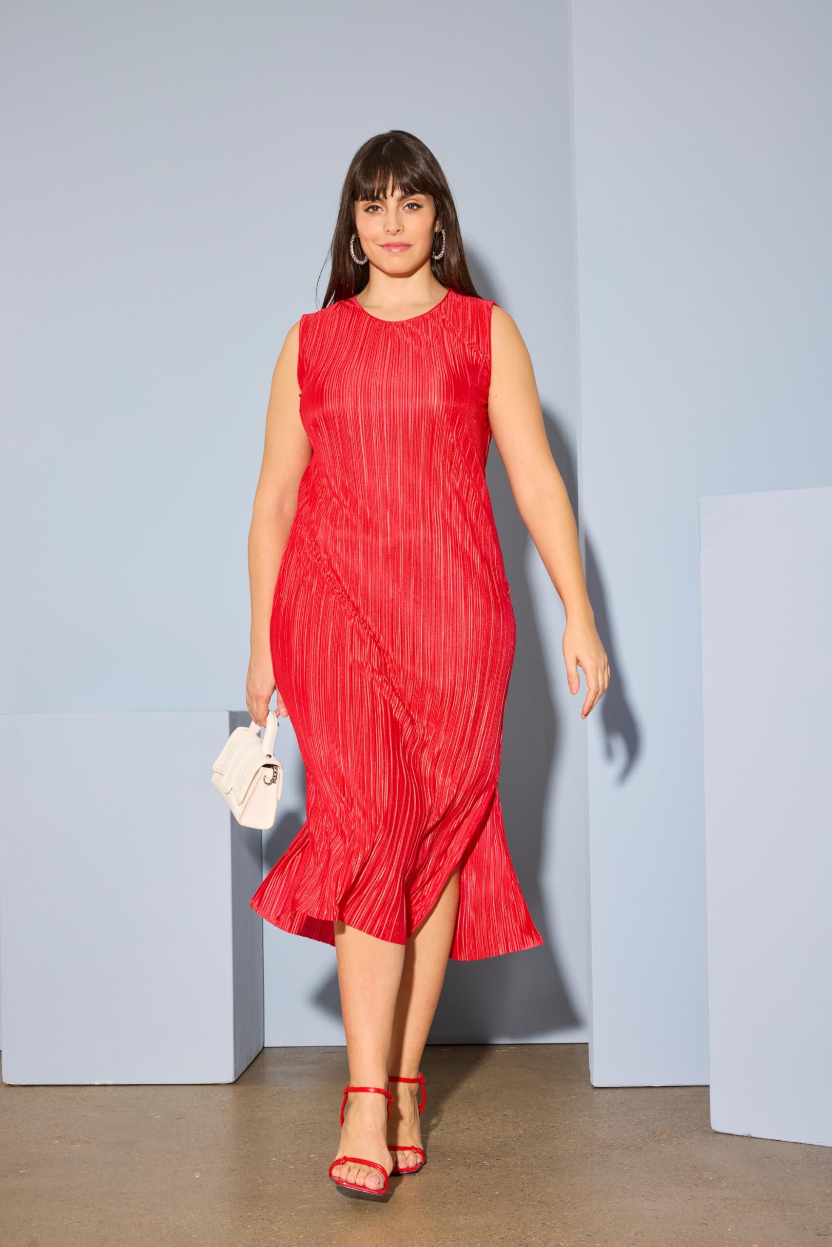 Ulla Popken Damen große Größen Übergrößen Plus Size Plissee-Midikleid, Rundhals, ärmellos 839078