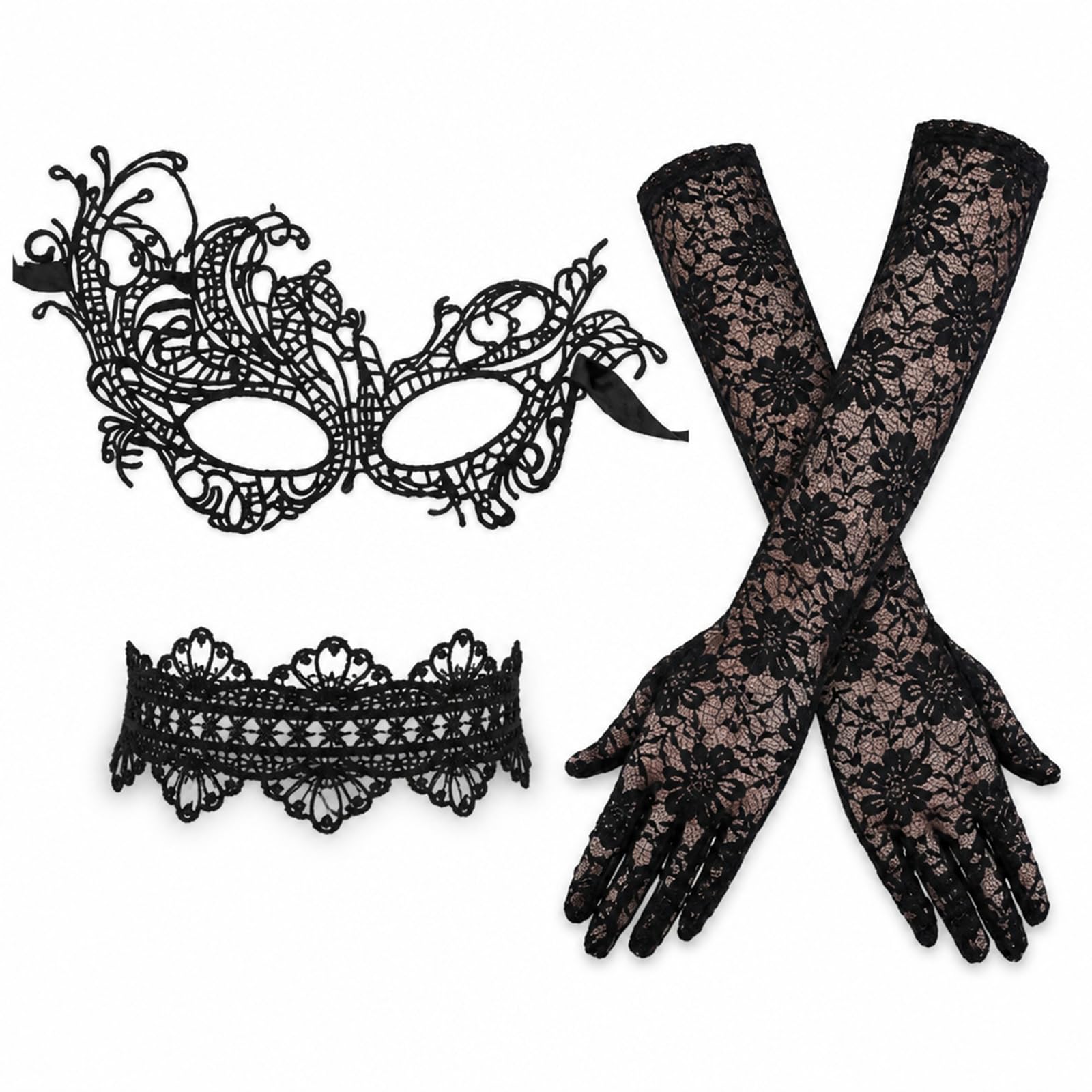 Daxiangsheng Black Masquerade Mask, Lace Gloves & Choker, 3 Pcs, Black