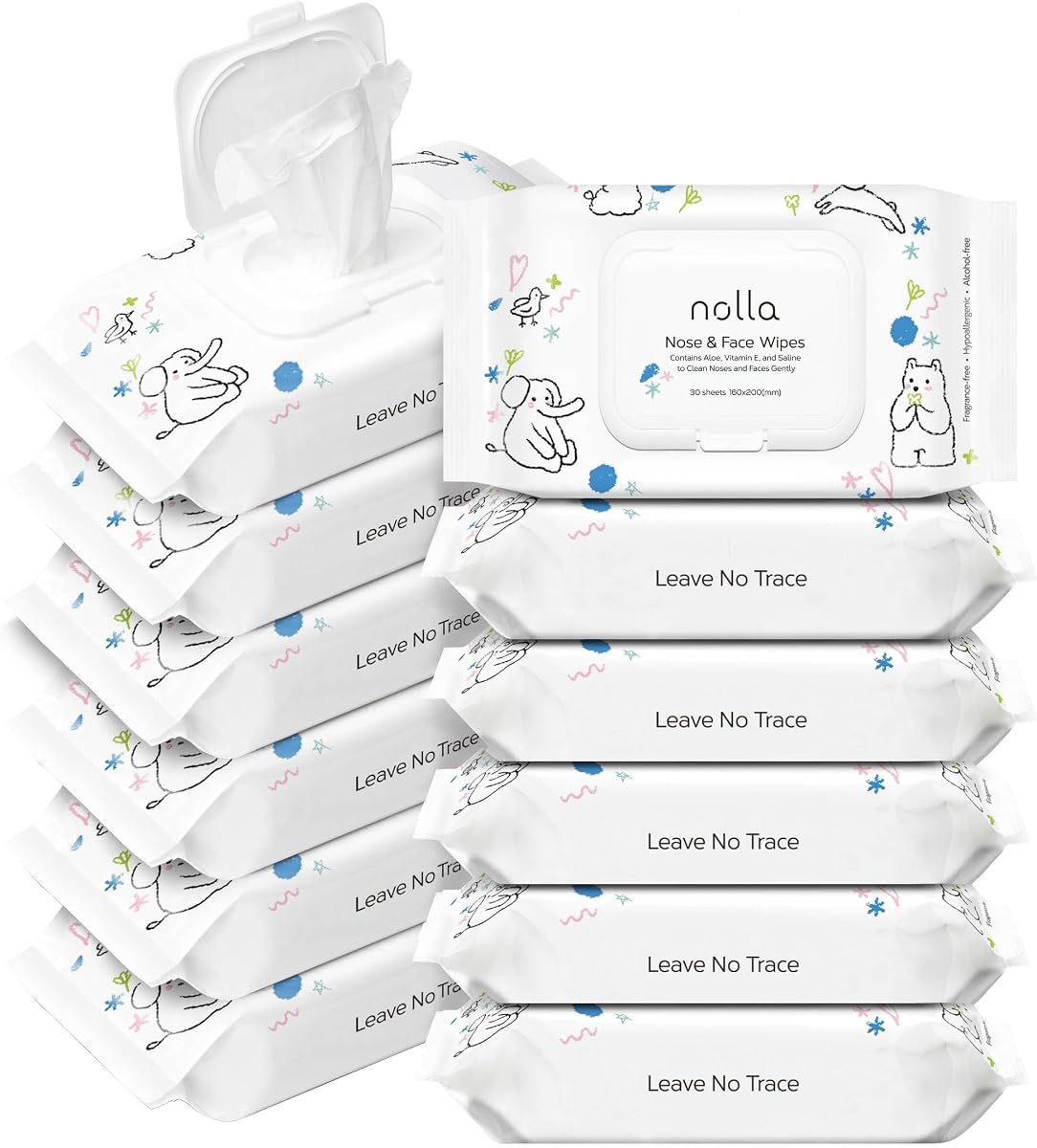Nolla Nose and Face Wipes for Babies & Kids with Saline, Vitamin E, & Aloe | Unscented | Compostable, 360 Count (12 Packs of 30)