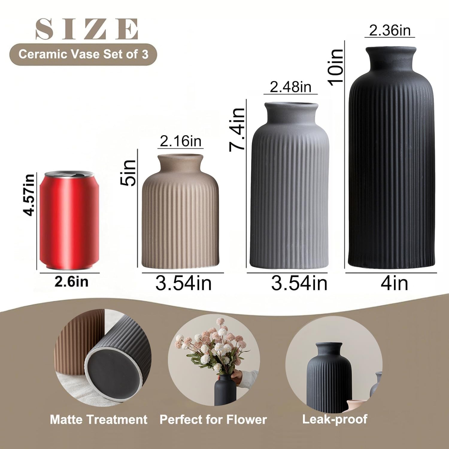 Set di vasi in ceramica moderno e grande, finitura opaca a coste nere, 3 pezzi, vasi decorativi per casa, soggiorno, ufficio, altezza 25,4 cm, larghezza 10,2 cm (mix nero XL)