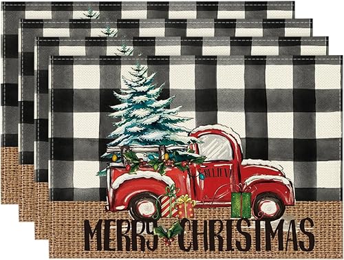 Artoid Mode Buffalo - Juego de 4 manteles individuales de Navidad con diseño de camión a cuadros, 12 x 18 pulgadas, manteles individuales de