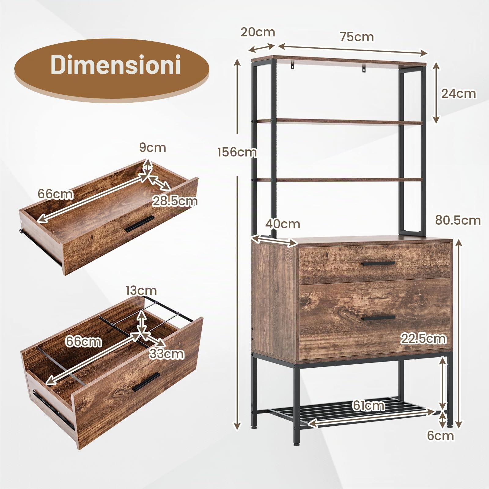 KOMFOTTEU Libreria Scaffale con 2 Cassetti, Mobile di Stoccaggio con Dispositivo Antiribaltamento, Armadietto per Soggiorno, Ufficio, Camero da Letto, 75 x 40 x 156 cm (Marrone)