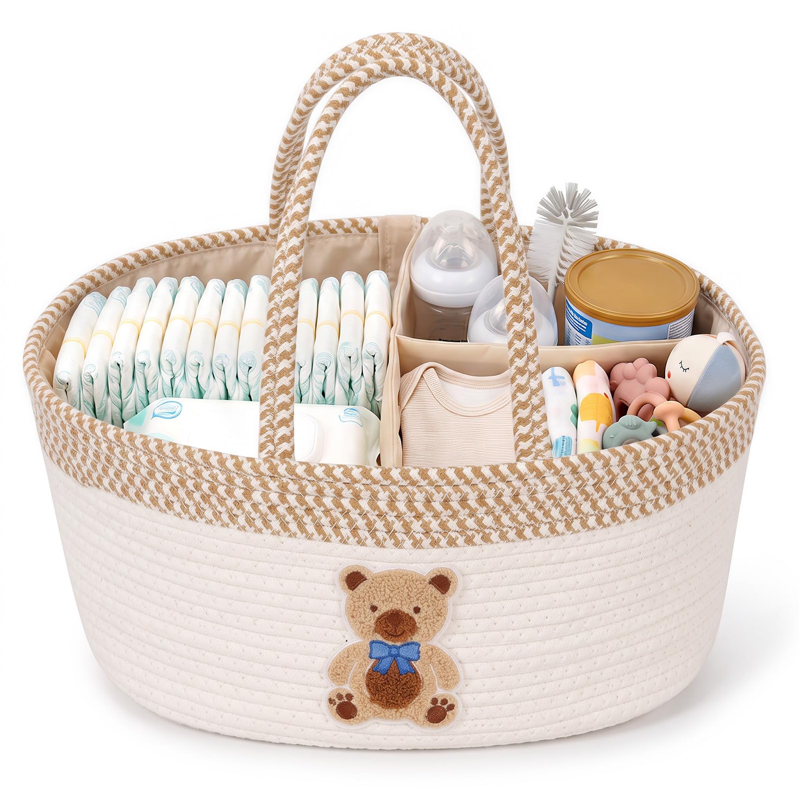Baby Nappy Caddy Organiser, Cotton Rope Diaper Storage Basket(bear)