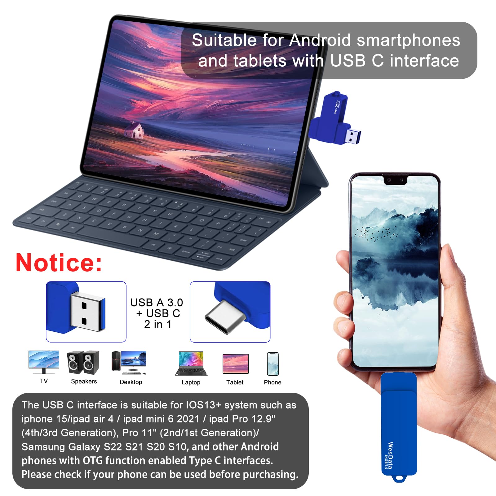 Chiavetta USB C da 64 GB 3.0 con porta di tipo C e tipo A, unità USB C per archiviazione e backup per iPhone 15, telefoni Android con funzione OTG, laptop, MacBook, PC (blu)