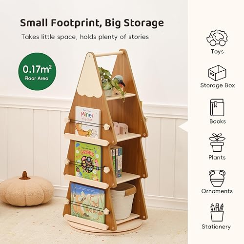 Miniatura 6 de Estantería giratoria de madera de pino de 4 niveles para niños y adultos, torre giratoria de árbol, estantería giratoria de 360 para biblioteca,