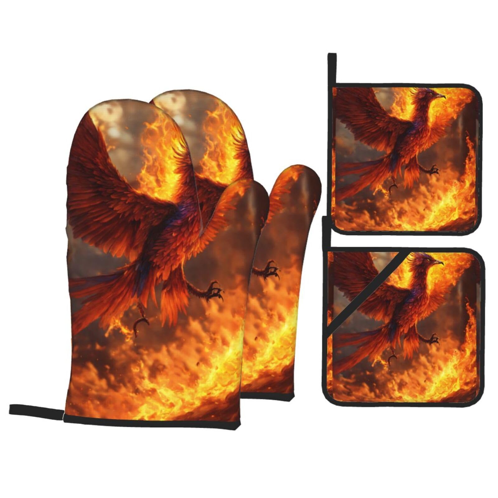 Phoenix Print Kitchen Oven Mitts And Pot Holders Set,Hanging Loop Design For Cooking Baking Bbq