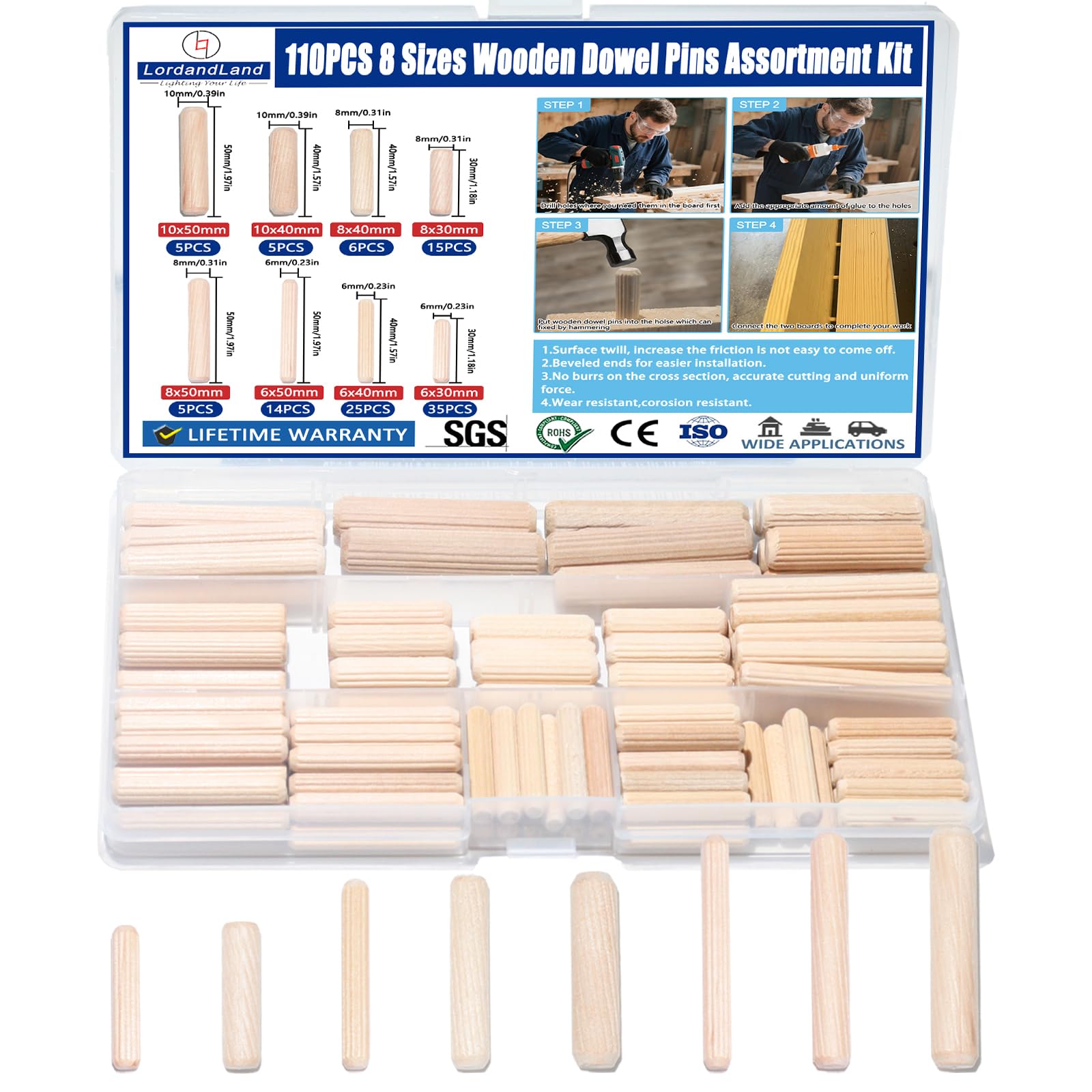8 Values Wood Dowels Kit 1/4 3/8 5/16 Inch Fluted Wooden Dowel Pins Pegs Hardware Pins Fluted Wood Dowels for Furniture Woodworking DIY Crafts (Pack of 110Pcs)
