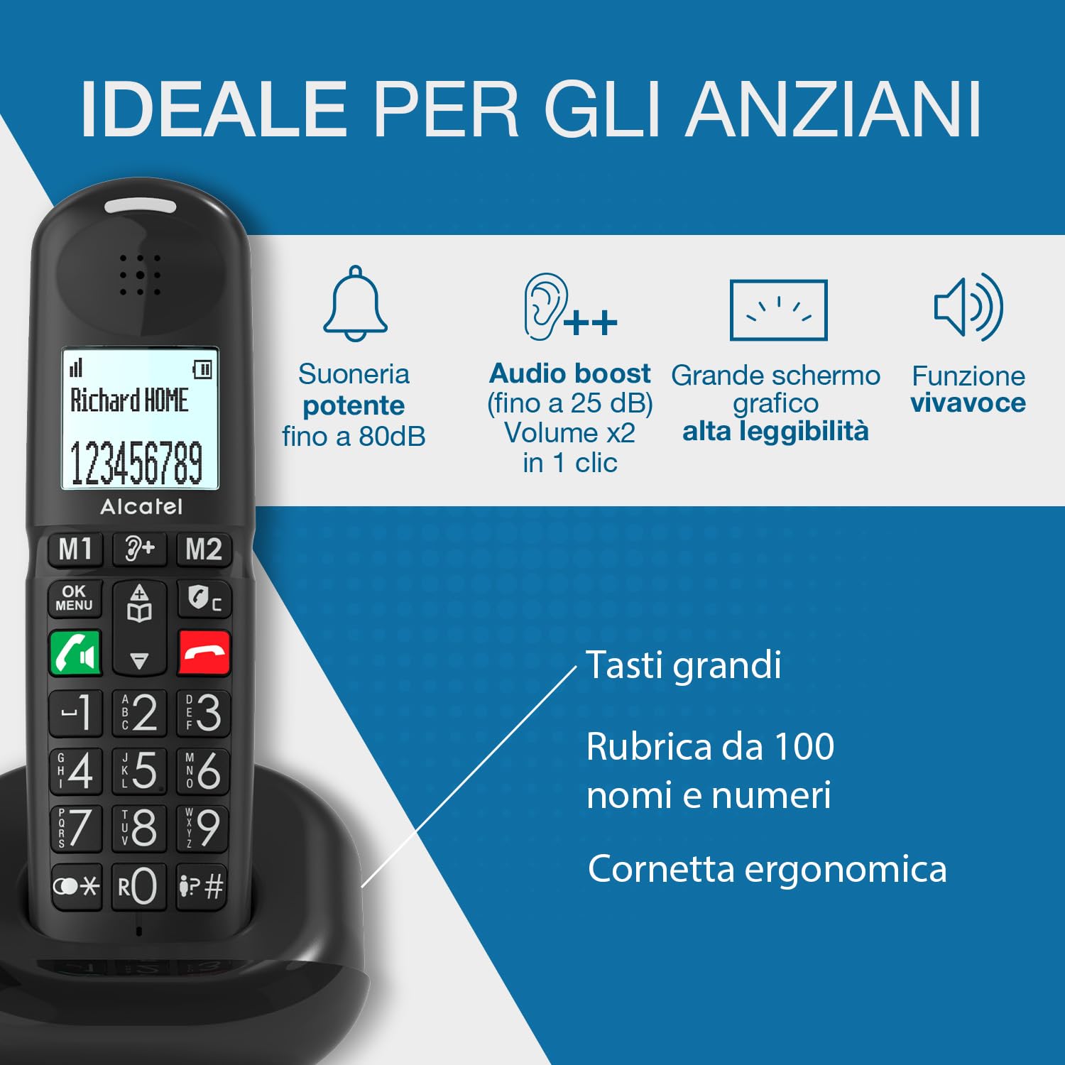 ALCATEL XL685 - Telefono fisso cordless DECT Senior Formato XL - Display grafico ad alta leggibilità - Tasti grandi - Boost Audio - Vivavoce - Blocco chiamate - Nero