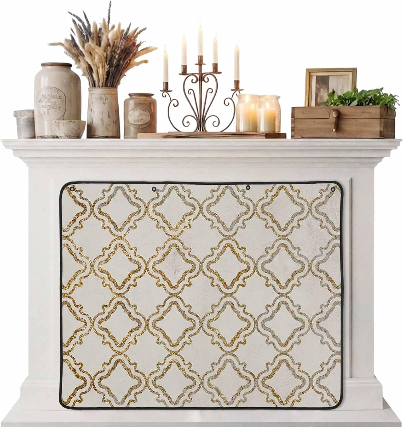 Magnetic Fireplace Cover Geometric Lines Fireplace Screen Decorative Luxury Golden Linen Insulation Fireplace Blocker Blanket Save Energy Fireplace Draft Stopper Covers for Living Room 36x30 Inch