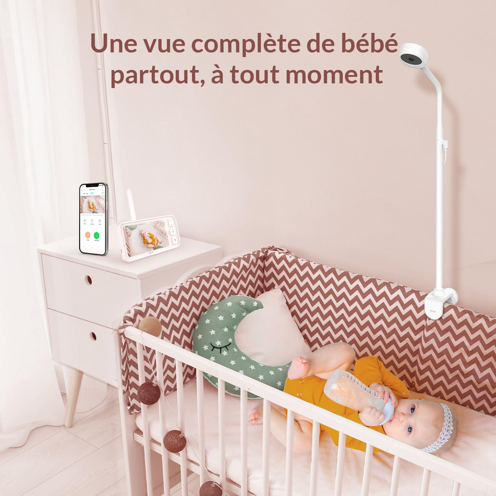NETVUE Babyphone Caméra Intelligent avec 4 en 1 Support Babyphone, 5" HD Moniteurs Bebe Écran LCD + APP Smartphone, Baby Phone Vidéo sans Fil Audio Bidirectionnel Vision Nocturne Détection des Pleurs