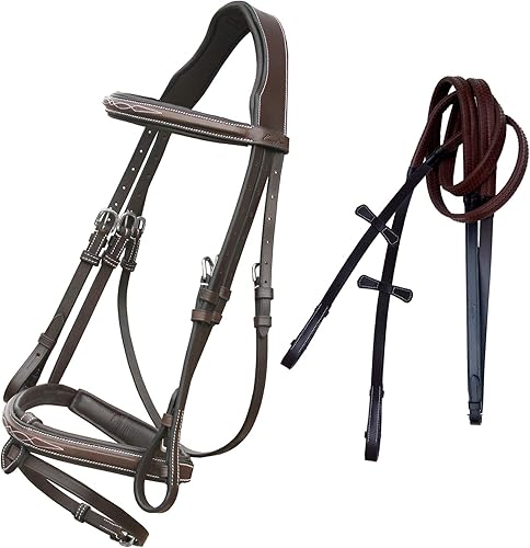 Exion Snaffle - Brida de salto con flash extraíble, acolchado suave y riendas de goma  Brida inglesa real para caballos  Negro, marrón  Full, Cob,