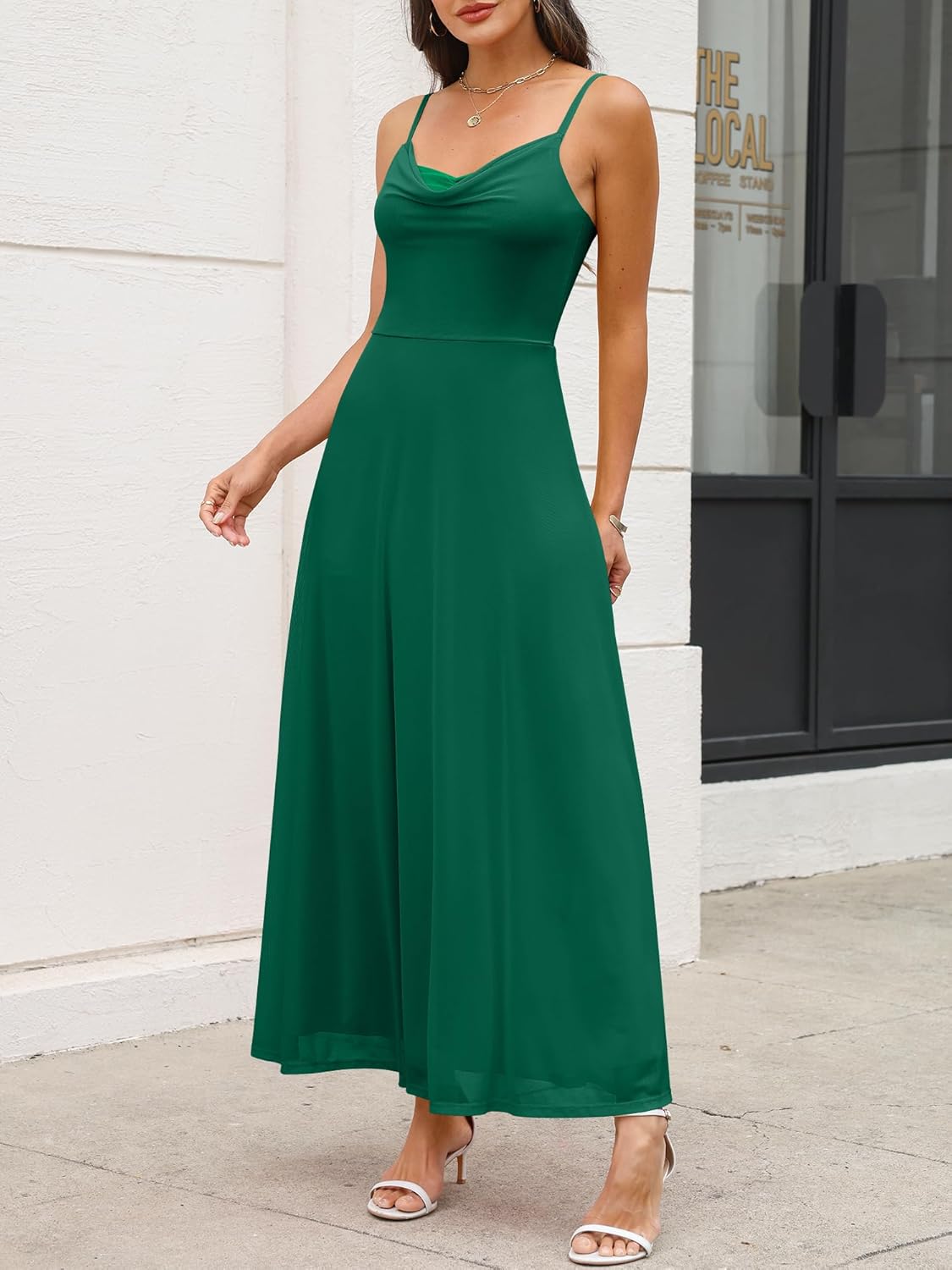 Prinbara Women Spaghetti Strap Draped Neck Double Layered Mesh Summer Formal Wedding Guest Party Cocktail Corset Maxi Dresses