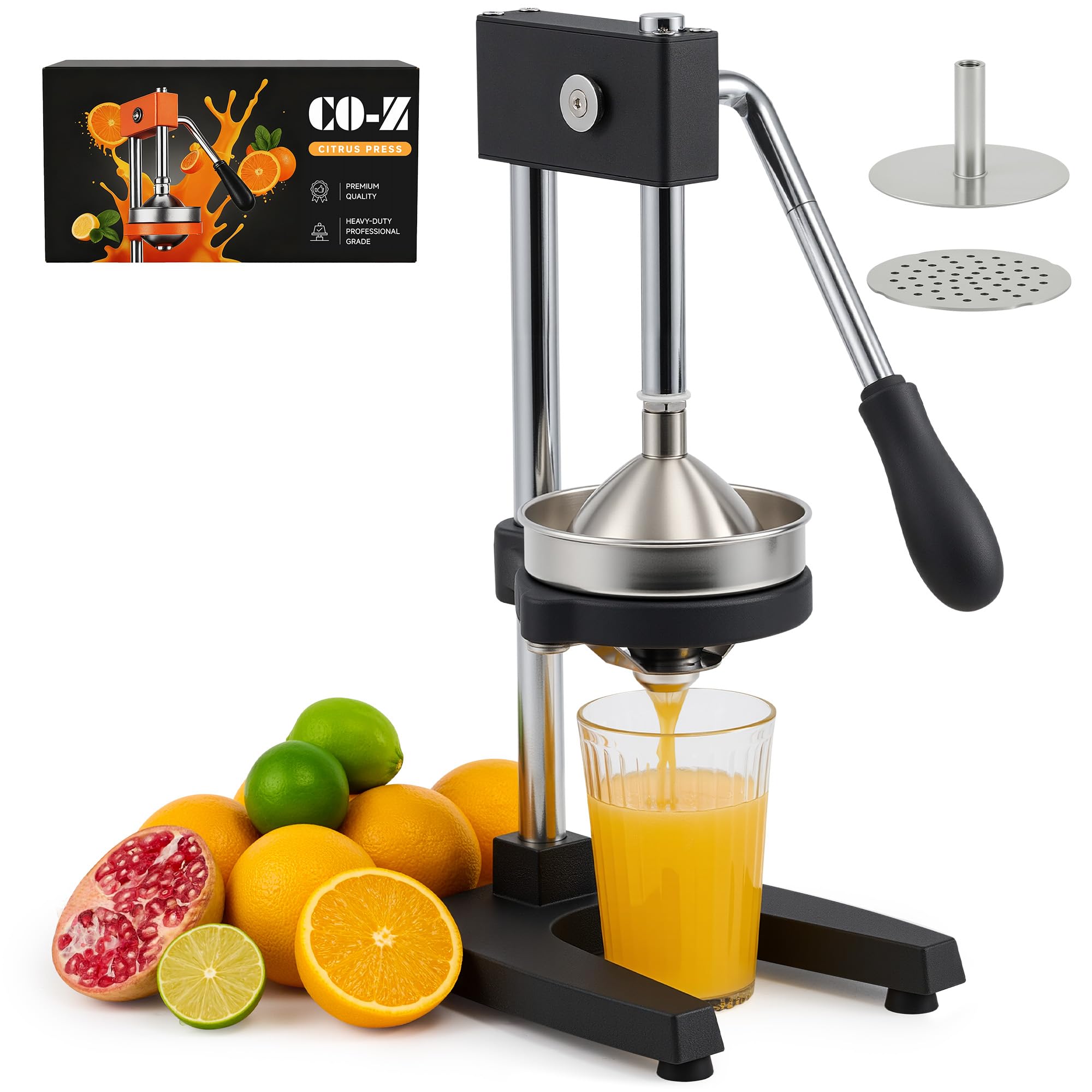 CO-Z Manuelle Zitruspresse, robust mit konischer & flacher Druckplatte, professionelle Zitronenpresse für Orangen, Pomelos, Limetten, Zitronen, spülmaschinengeeignet