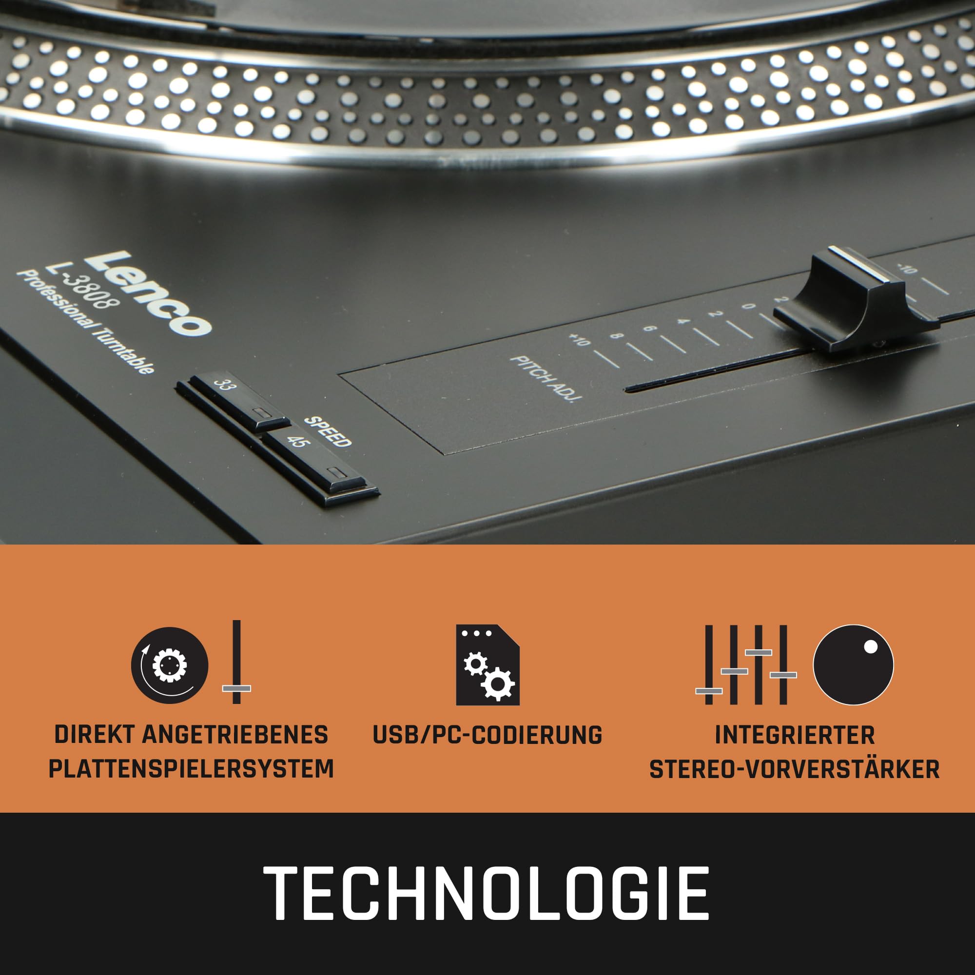 Lenco L-3808 USB DJ-Plattenspieler mit Direktantrieb - 33/45 U/min - Pitch-Control - Magnet-Tonabnehmer-System - Nadelbeleuchtung - Digitalisierung via PC - Staubschutzhaube - schwarz