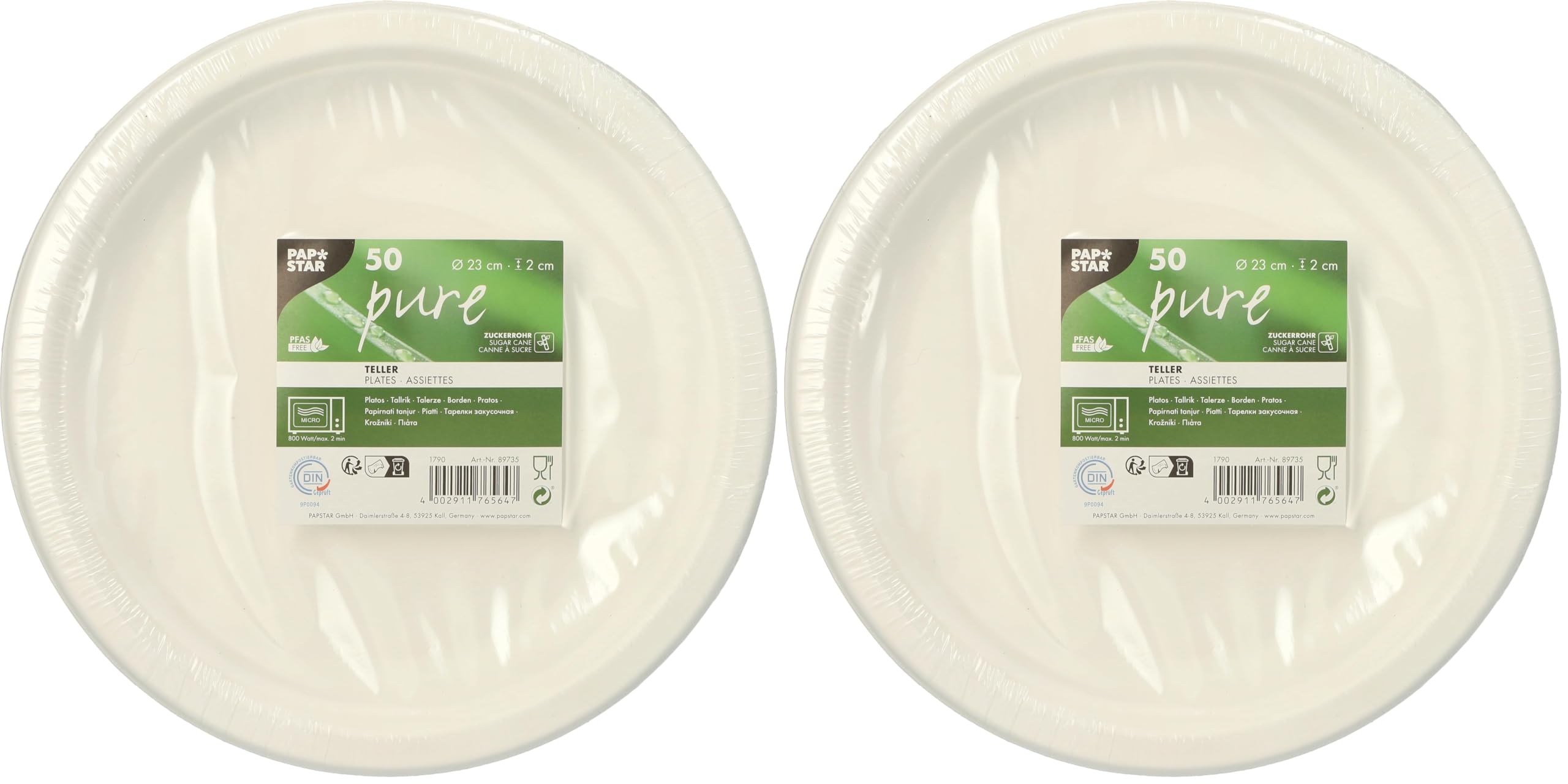 Platos de caña de azúcar blanca de 23 cm PAPSTAR, pack de 2 de vajilla sin dividir de 2 cm
