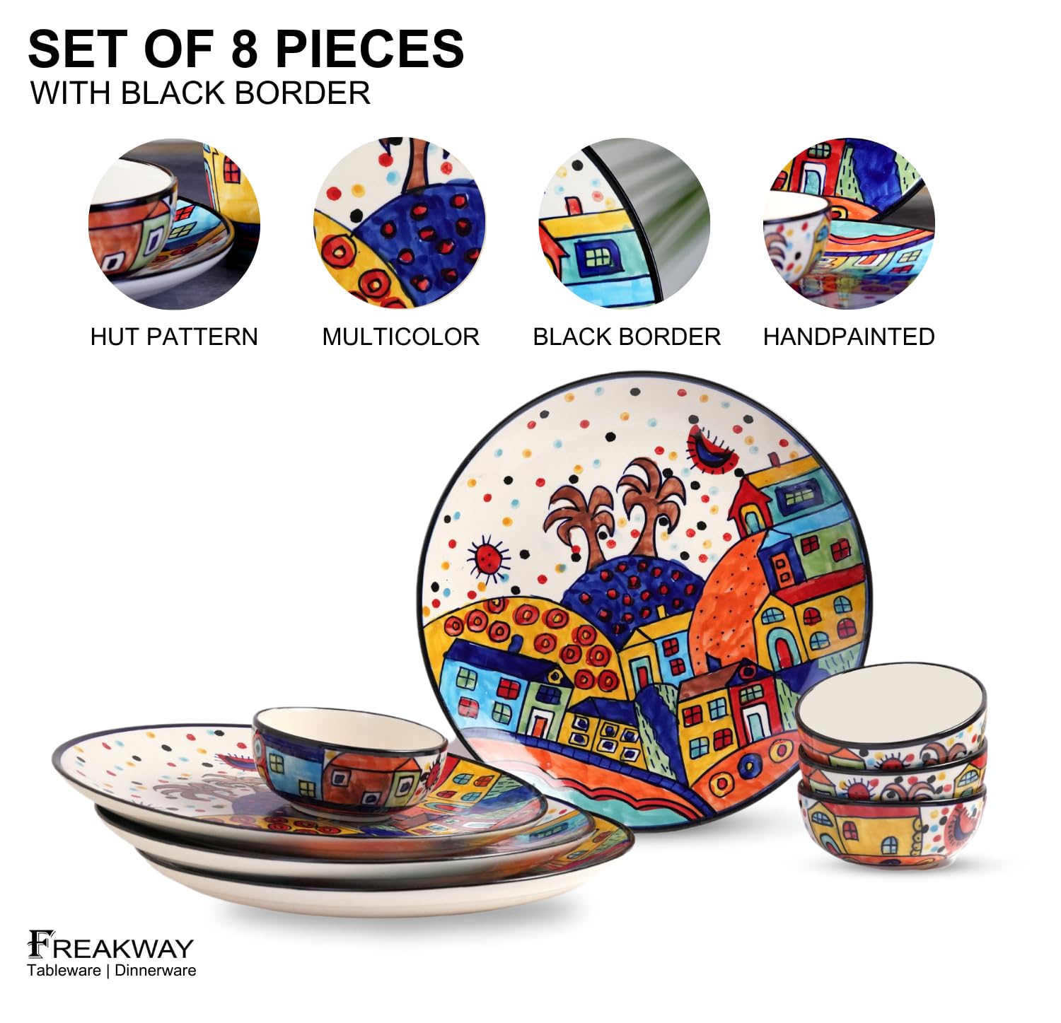 Freakway Hut Family Hand-Painted Glossy Dinner Set Ceramic Stoneware Dinner Set of 8 Pieces | 4 Dinner Plate 10.3 Inch & 4 Serving Bowls 180 Ml | Dishwasher & Microwave Safe - Multicolor 3