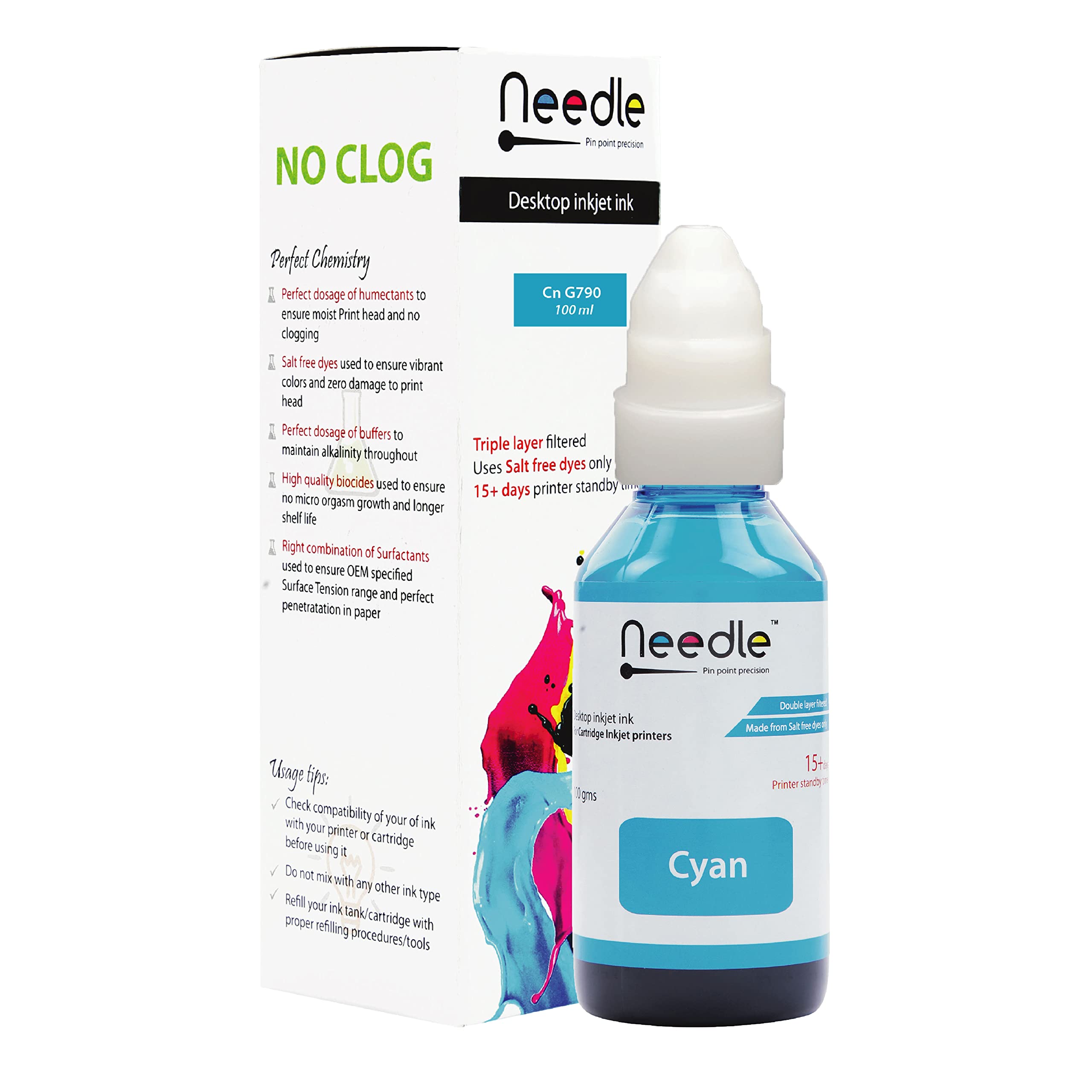 Needle High Yield GI790 / GI 790 Inkjet Ink Tank Refill Compatible for Canon G1000, G1010, G2000, G2010, G3000, G3010, G4000, G4010 CISS Ink Tank Printers (100 ml, Cyan)