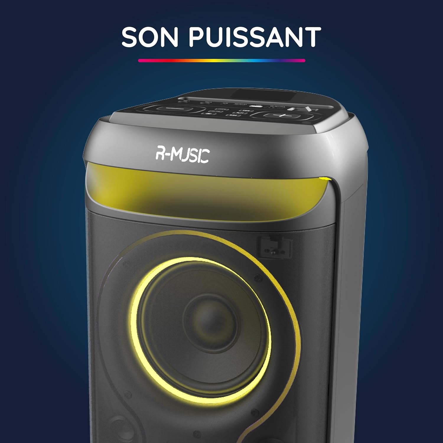 R-MUSIC Blaster M speaker with powerful sound indicated by glowing speaker cone