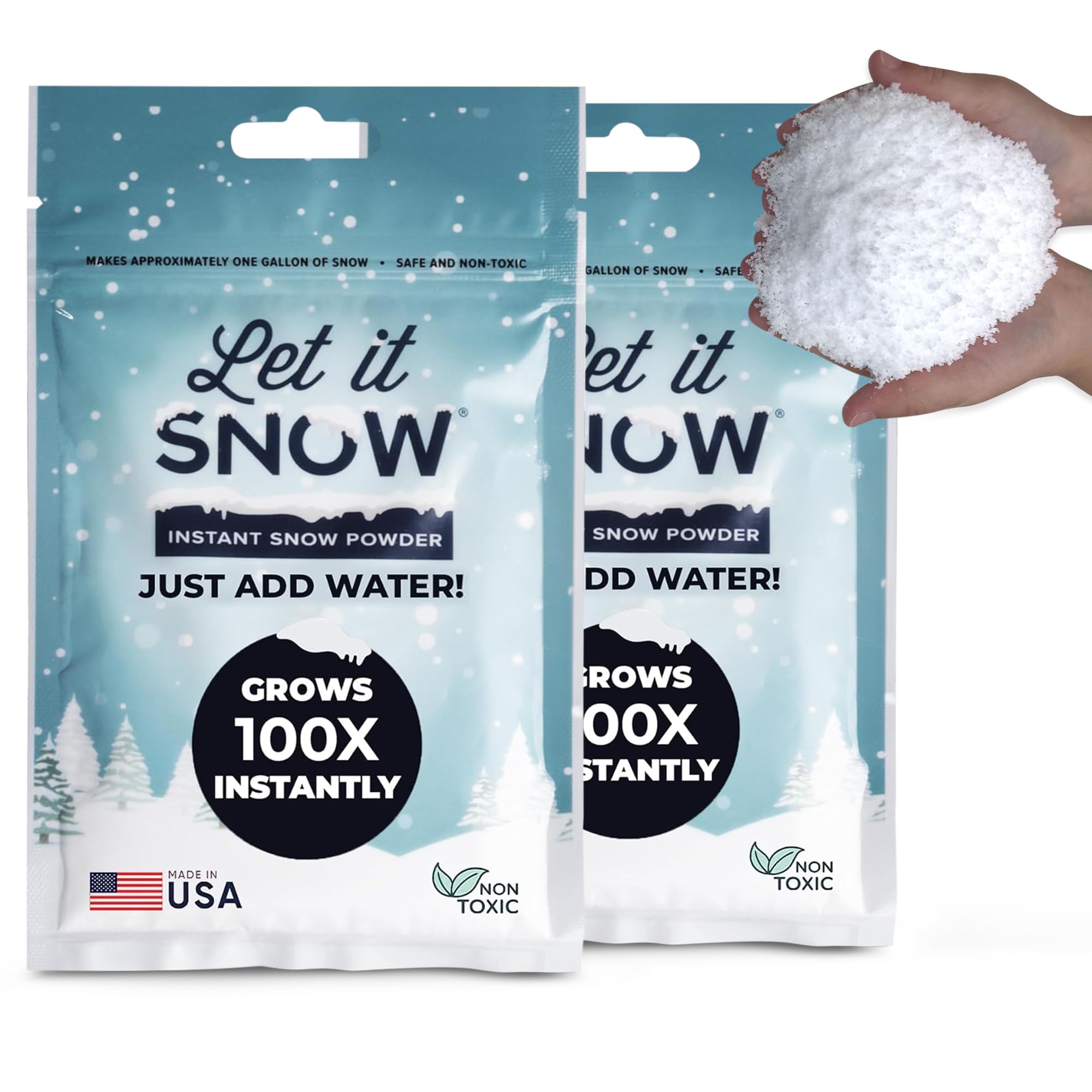 Instant Fake Snow Powder - Made in the USA, Safe & Easy to Use Artificial Snow for Slime, Holiday Decorations, Photography & Sensory Play, 2 Pack, Makes 2 Gallons