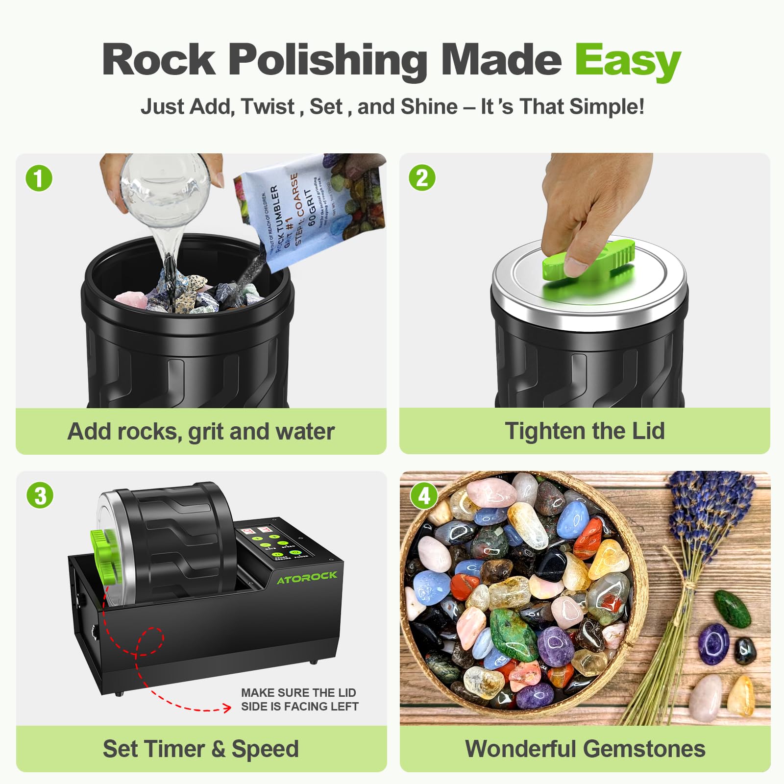 A1 Professional Rock Tumbler Kit, 1,8 kg extra großes Fass mit modernem, bürstenlosem Motor, einstellbare Geschwindigkeit & Timer, langlebiger Metallfuß für Erwachsene & Steinsammler - Inklusive