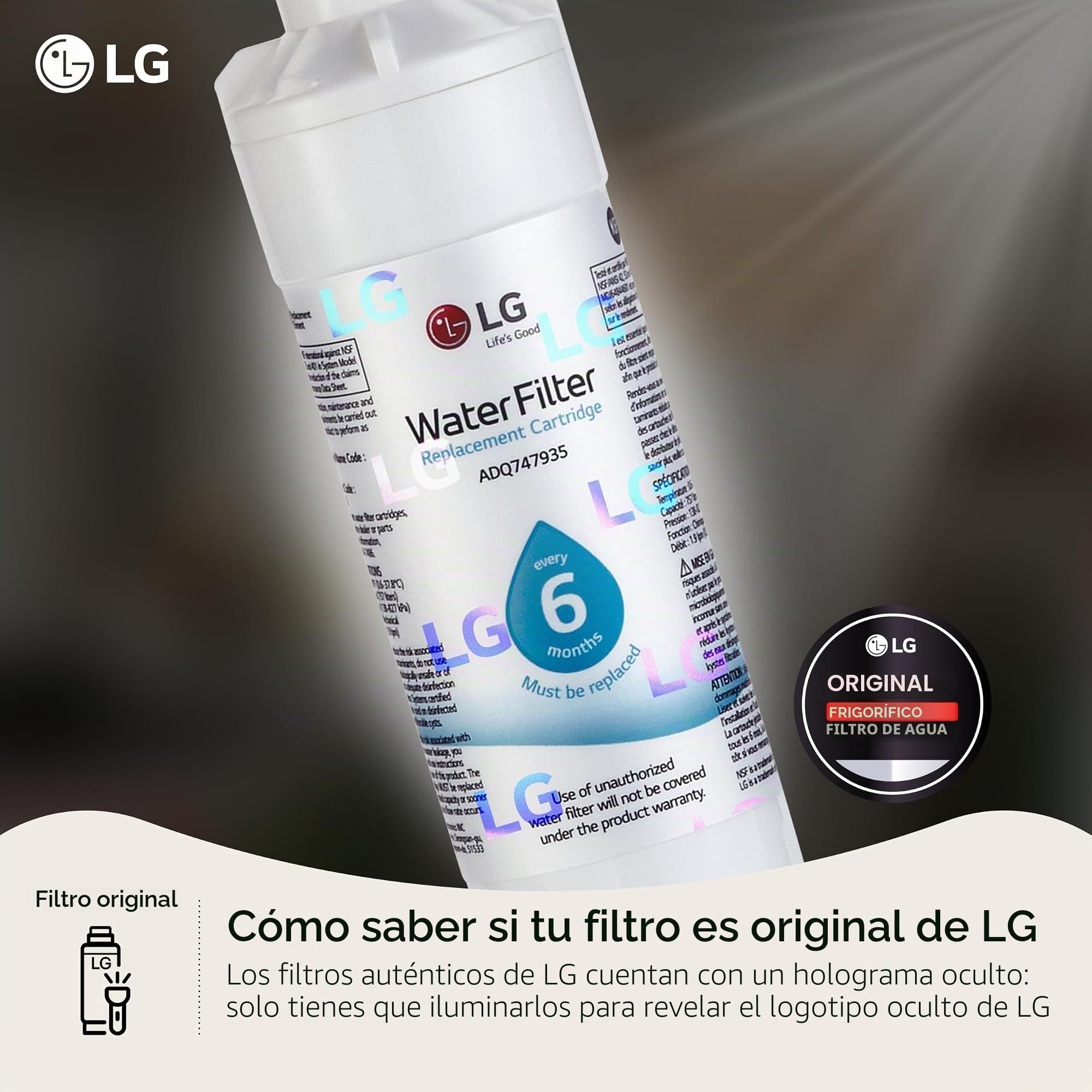 LG LT1000P - Filtro de agua de repuesto para refrigerador de 6 meses/200 galones (NSF42, NSF53 y NSF401*) ADQ74793501, ADQ75795105 o AGF80300704