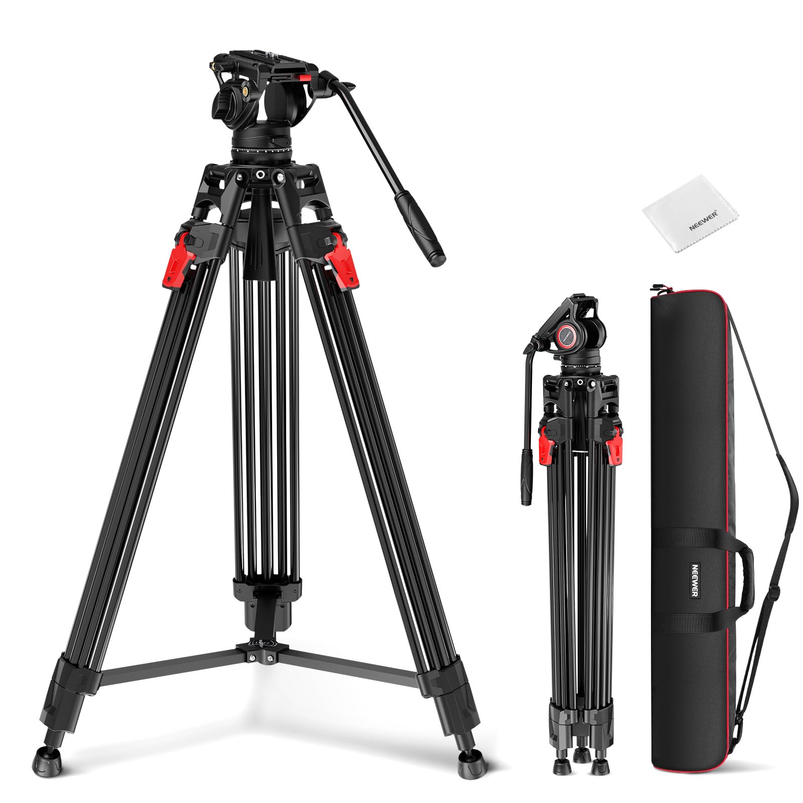 NEEWER 76" Video Camera Tripod with Fluid Head, One Step Quick Release Heavy Duty Aluminum Portable Tripod Stand with Cleaning Cloth, Dual Mode QR Plate for DSLR Camcorder, Max Load 17.6lb, LL27