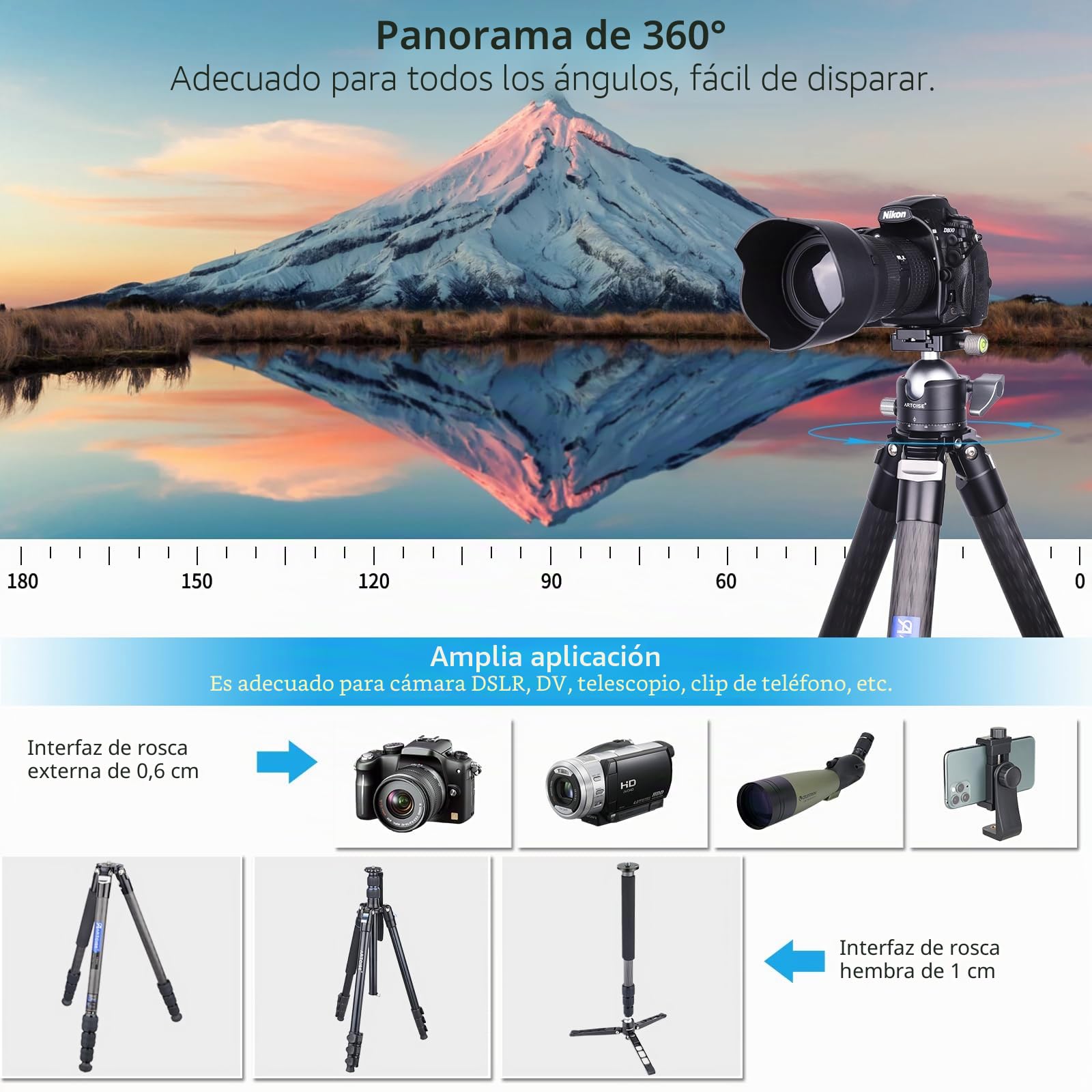 Cabezal de trípode de Perfil bajo ARTCISE, Cabezal de Bola panorámico de Metal de 56 mm Compatible con Placa de liberación rápida Arca 1/4" para trípode monopod cámara DSLR, Capacidad de Carga: 40 kg