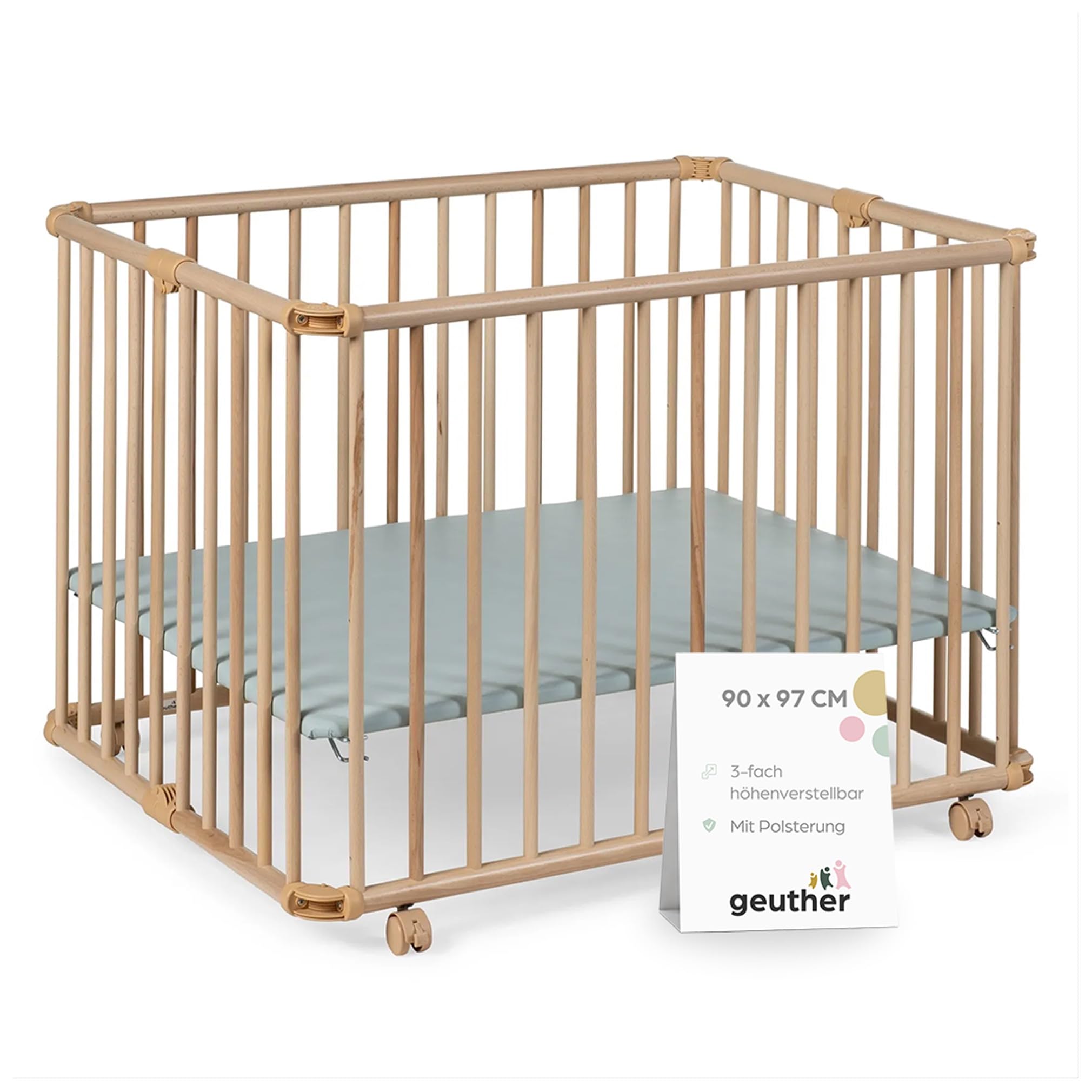 Geuther Laufgitter Lucilee 90x97 cm I höhenverstellbar I werkzeuglos montiert I gepolsteter Baby-Laufstall aus Holz I Natur I Mobil, klappbar I TÜV geprüft I zusammenfaltbar I Made in Germany