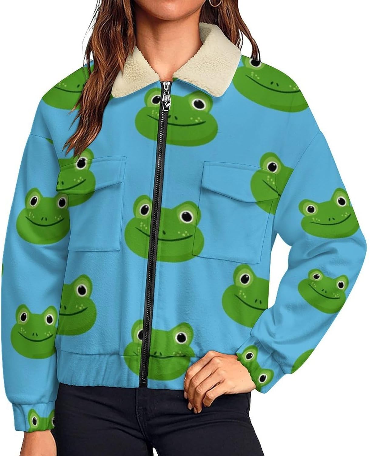 Women Winter Sherpa Lined Fleece Jacket, Long Sleeve Zip Up frog Fuzzy Cropped Coats Warm Soft Polar Outwear