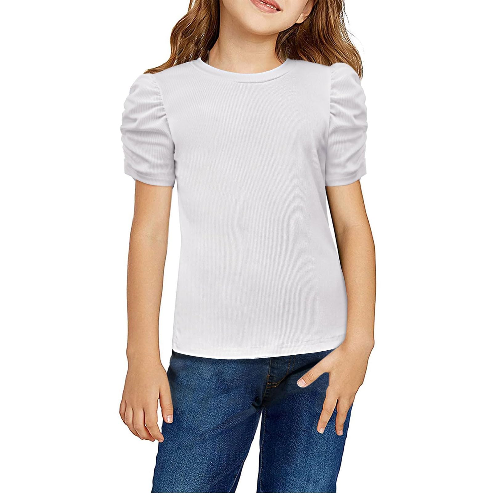 Generic Camisetas de manga corta para niñas, camiseta de punto acanalado de verano con cuello redondo, blusa, blusa, sudadera de manga larga, color negro, 140