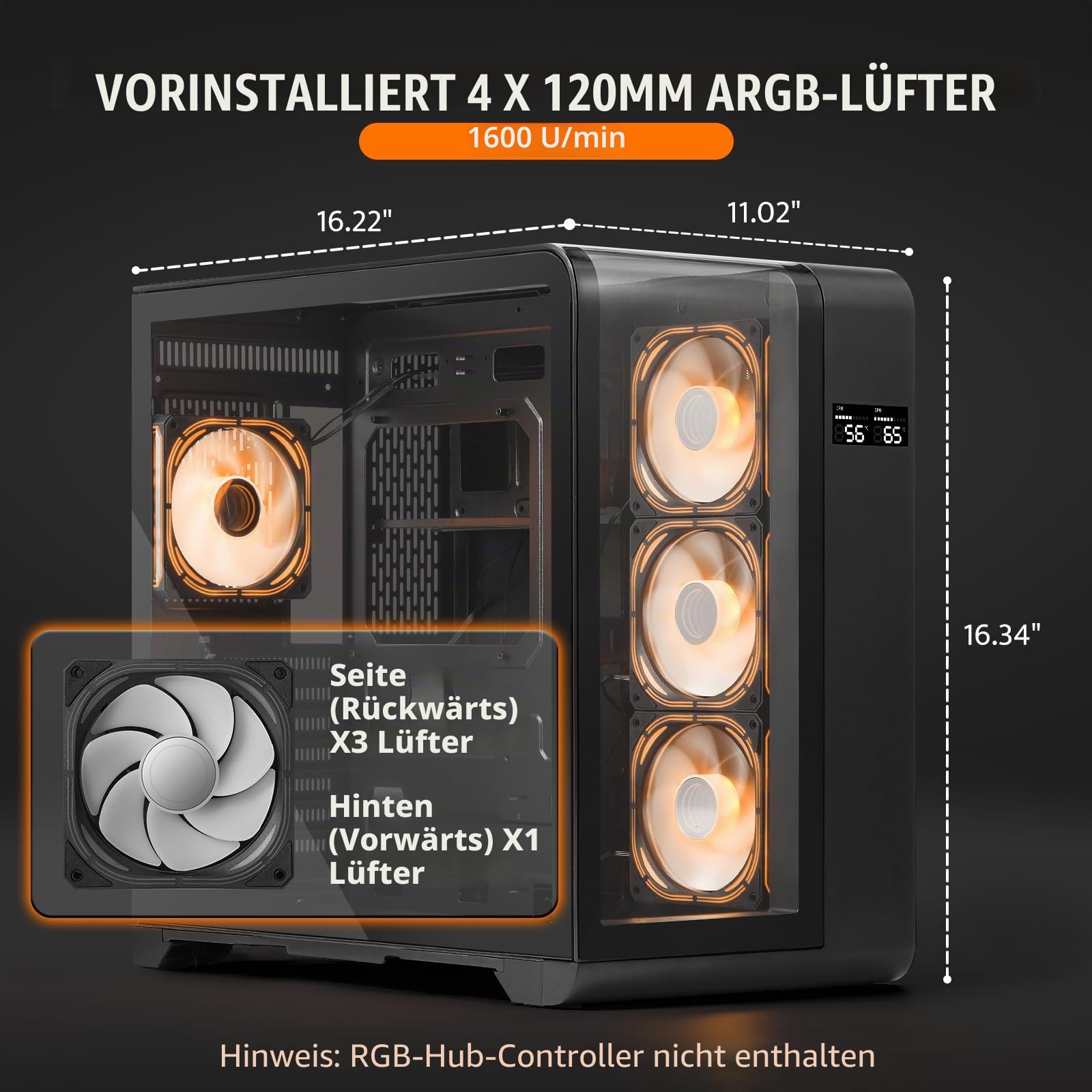 darkFlash ATX Mid-Tower PC-Gehäuse mit Bildschirm, DREI Seiten Glas, gebogenes Full View Dual Gaming PC Gehäuse, 4 PWM ARGB Lüfter, Computergehäuse vorinstalliert, Typ C, RTX 40 kompatibel, Schwarz