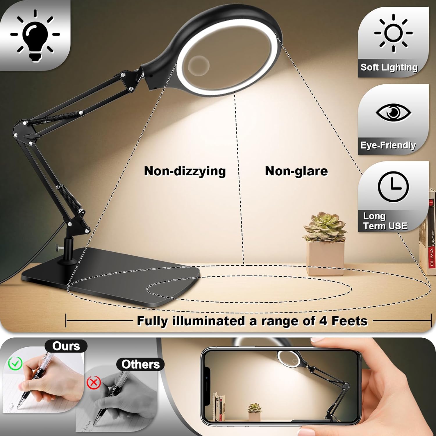 NZQXJXZ 10X 30X Large Magnifying Glass with Light and Stand, 5-inch LED Lighted Magnifier, 3 Color Modes Stepless Dimmable, Hands-Free Magnifying Glass Desk Lamp for Reading Craft Hobby Close Work