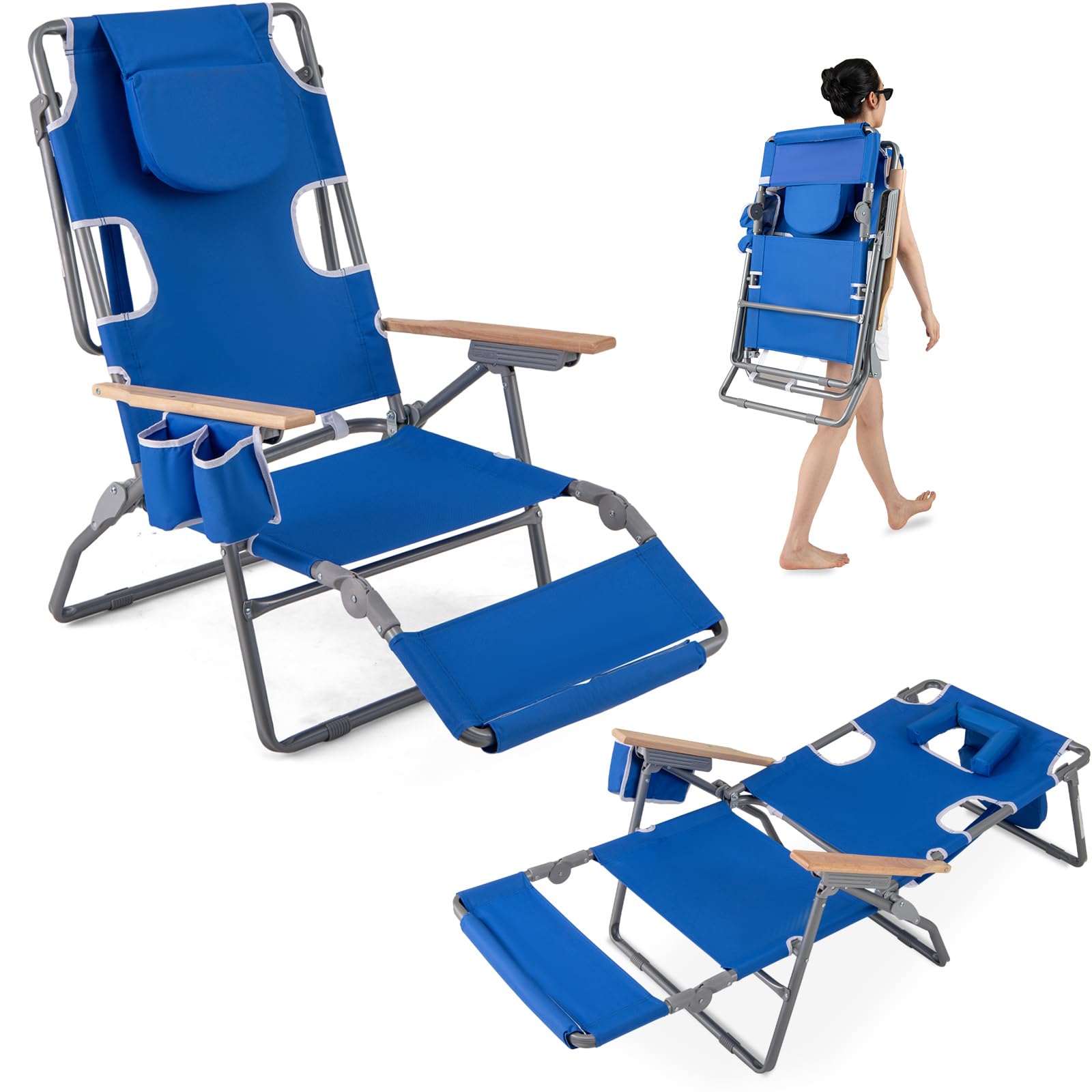 GOPLUS Silla de Playa Reclinable 4 Positions con Reposapiés, Tumbona Plegable de Piscina con Agujero para Cara, Respaldo Ajustable, Bolsillos,Toallero, hasta 150 kg, 66 x 100x 98 cm(Azul Marino)