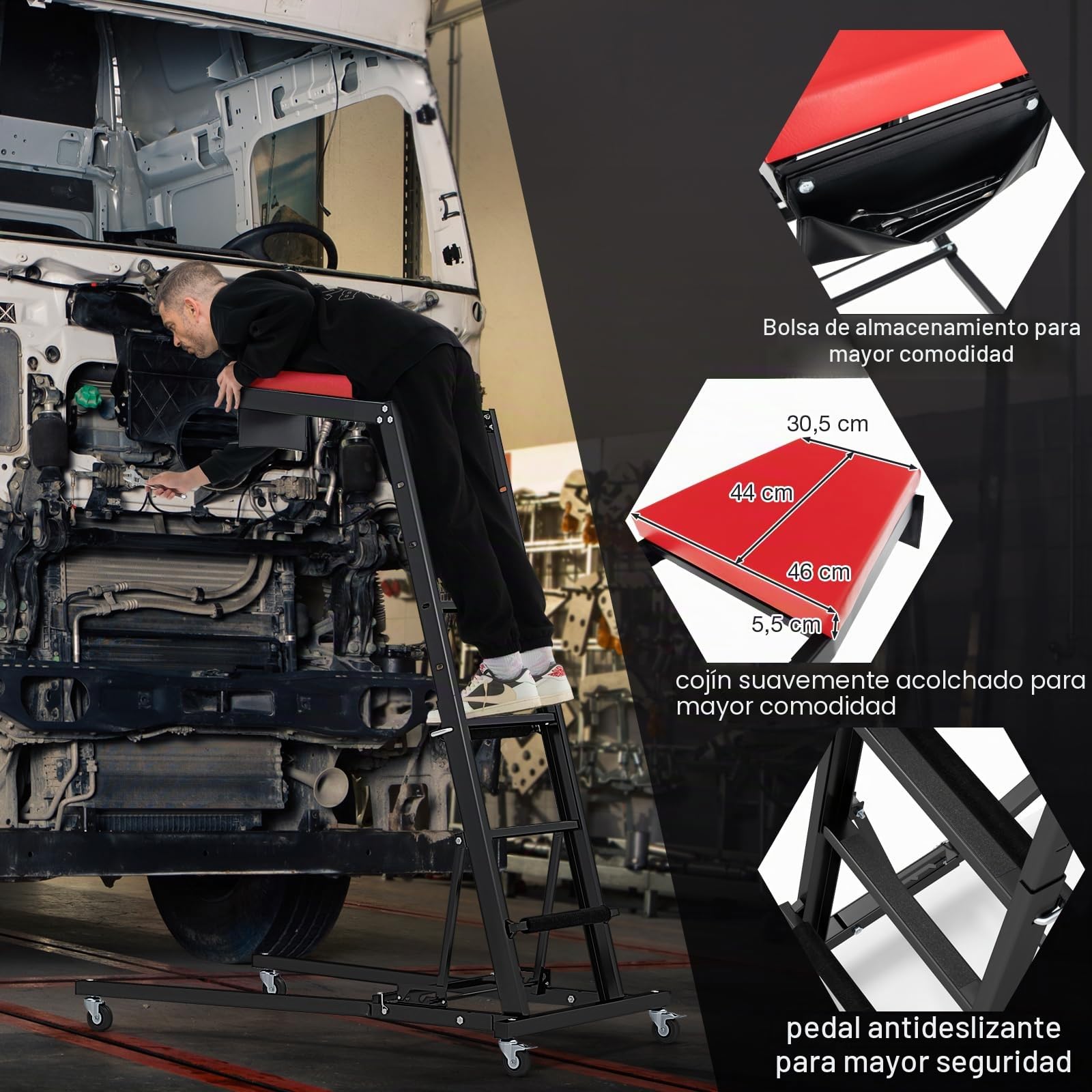 GYMAX Plataforma elevadora plegable, Automotive Topside Creeper de hasta 180 kg, con altura ajustable y 4 ruedas giratorias, Creeper para reparación y mantenimiento, para taller y hogar