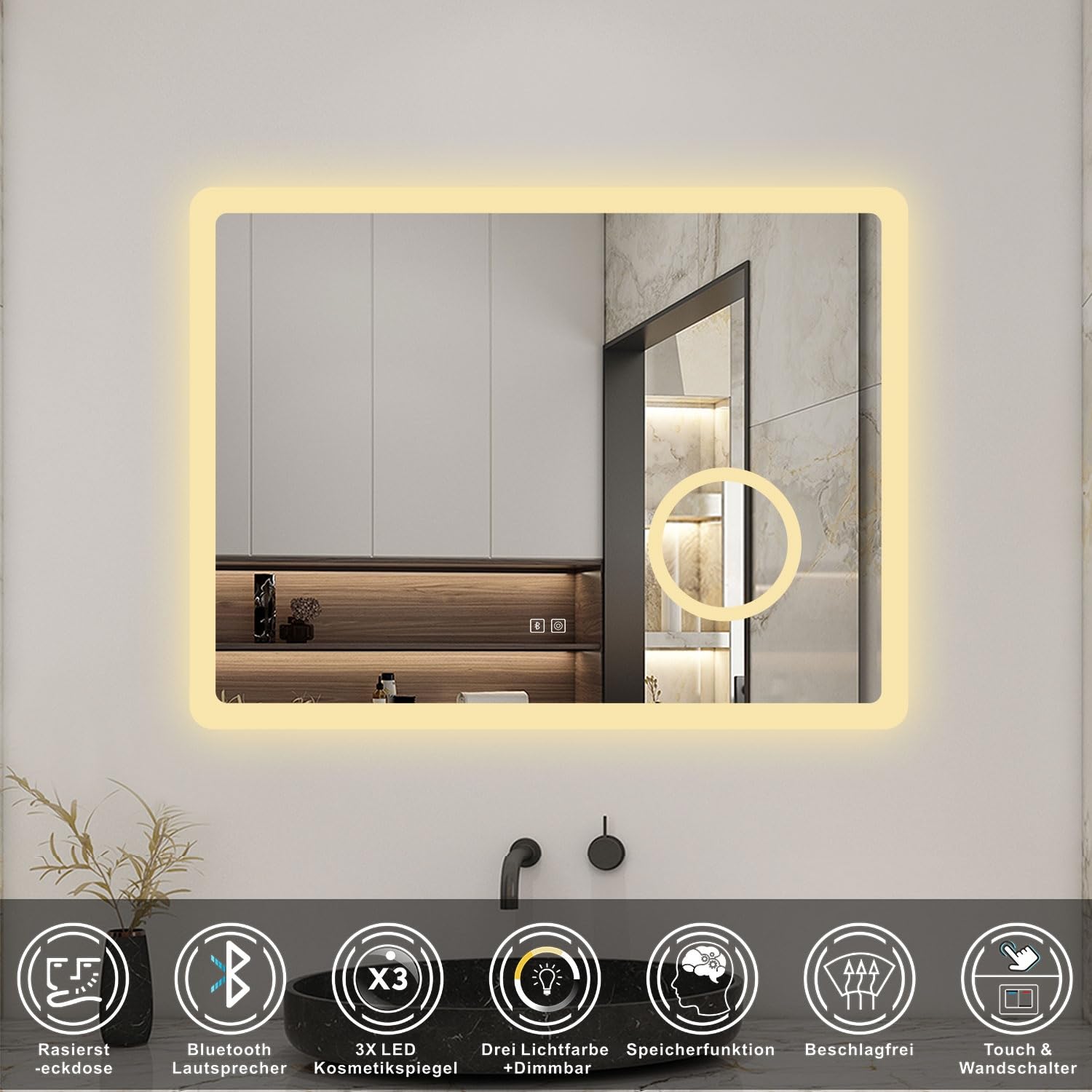 LED Wandspiegel mit Steckdose 80x60cm Bluetooth Beschlagfrei 3 Lichfarbe+Dimmbar Badspiegel mit 3-Fach Vergrößerung Schminkspiegel IP44