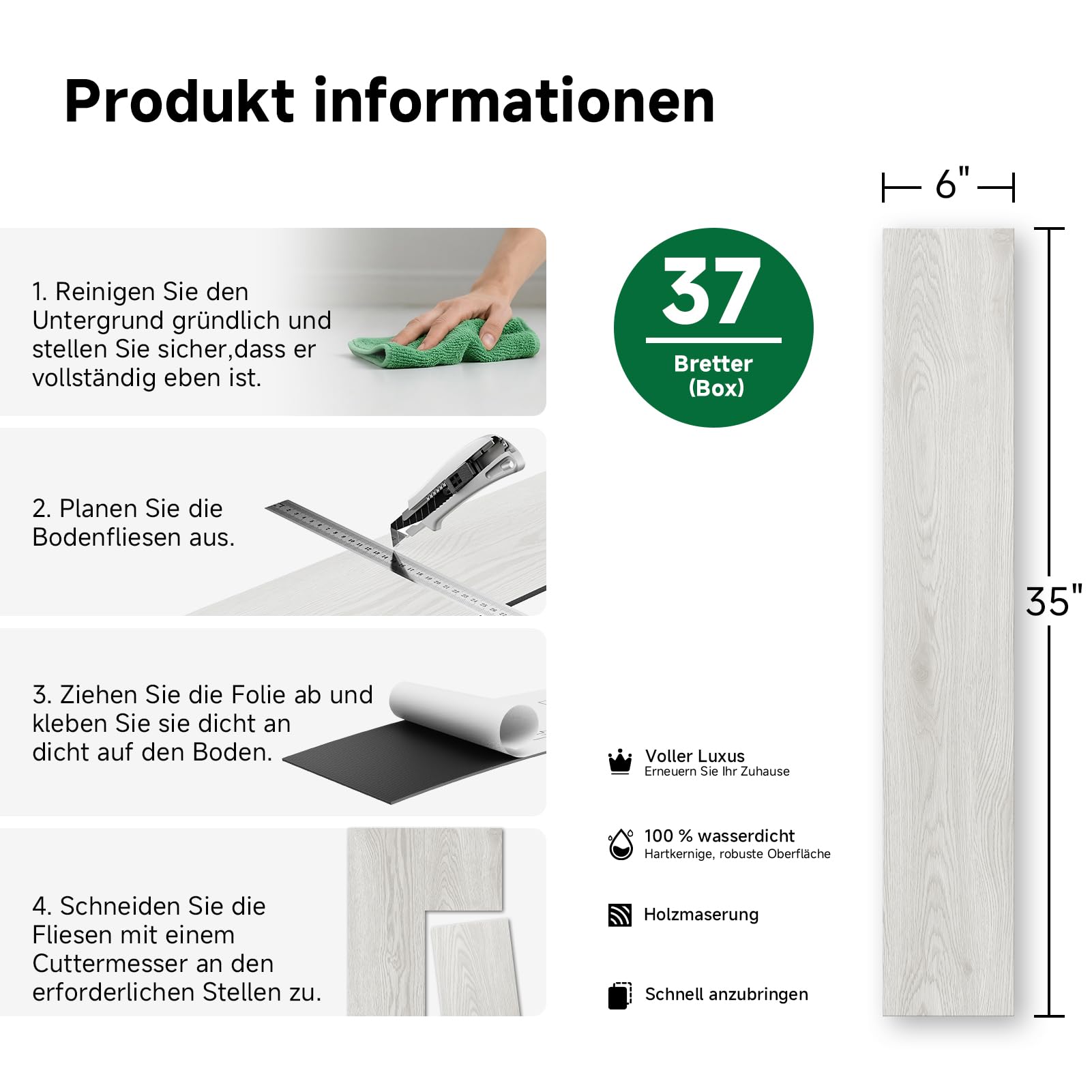 PVC-Bodenbelag, Wasserdichter Bodenbelag Selbstklebend, Holzoptik Weiße Eiche, 15,24 cm x 89 cm Vinyl Bodenbelag für Wohnzimmer | Badezimmer | Küche, 37 Dielen, Abdeckung 5,02 m²