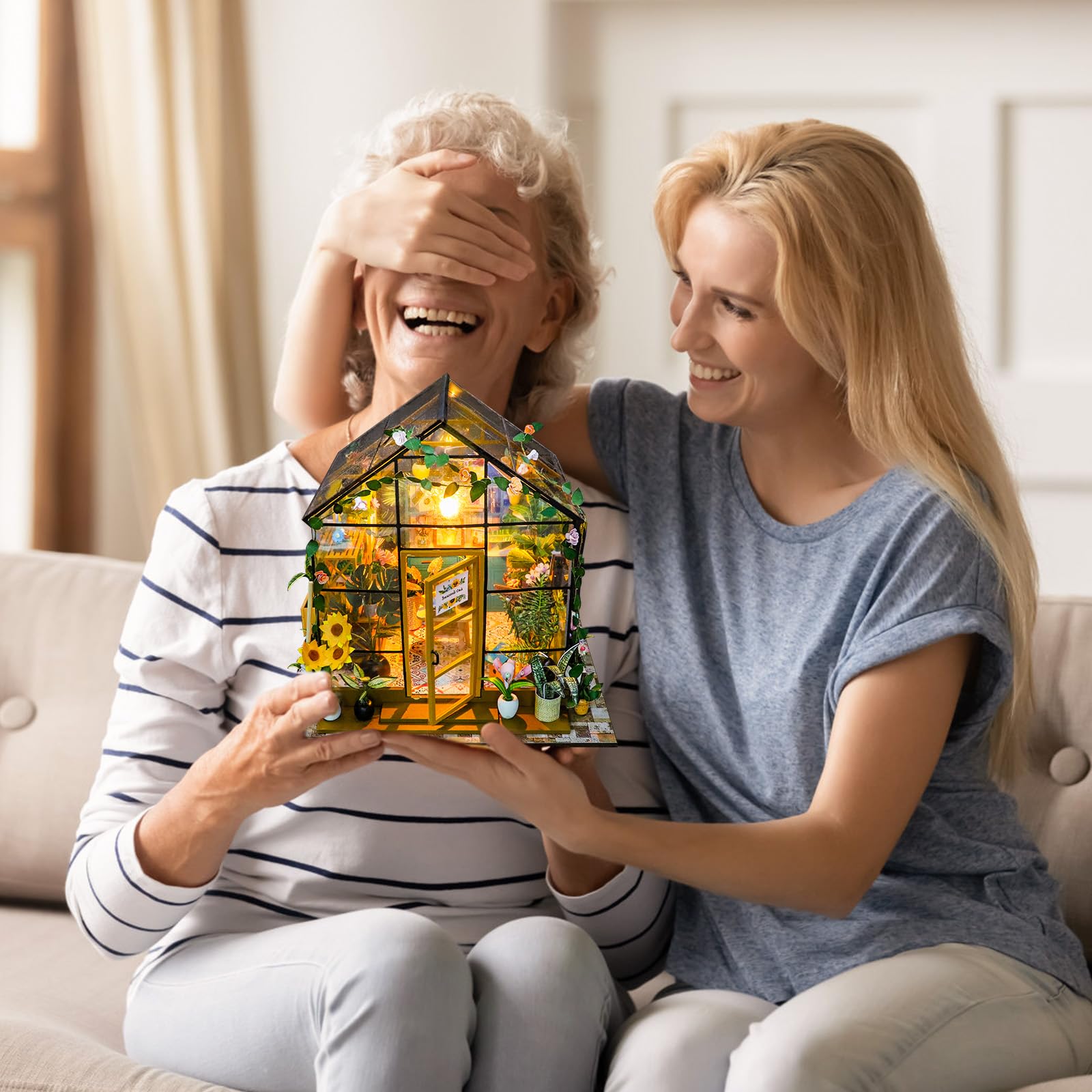JONRRYIN DIY Miniature House, Casa Miniatura para Montar, Modelo de Invernadero con Lámpara LED e Instrucciones, casita de Madera Miniatura para Decoración del Hogar Regalos Creativos (A)