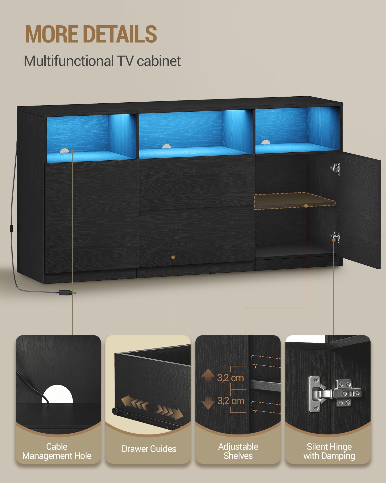 Hzuaneri Mueble de TV, con Luces LED, 147 x 40 x 76 cm, Negro | Mesa de TV de hasta 65 Pulgadas, 2 Cajones, 2 Gabinete y 3 Compartimentos, para Salón, Dormitorio, TV17004XEU