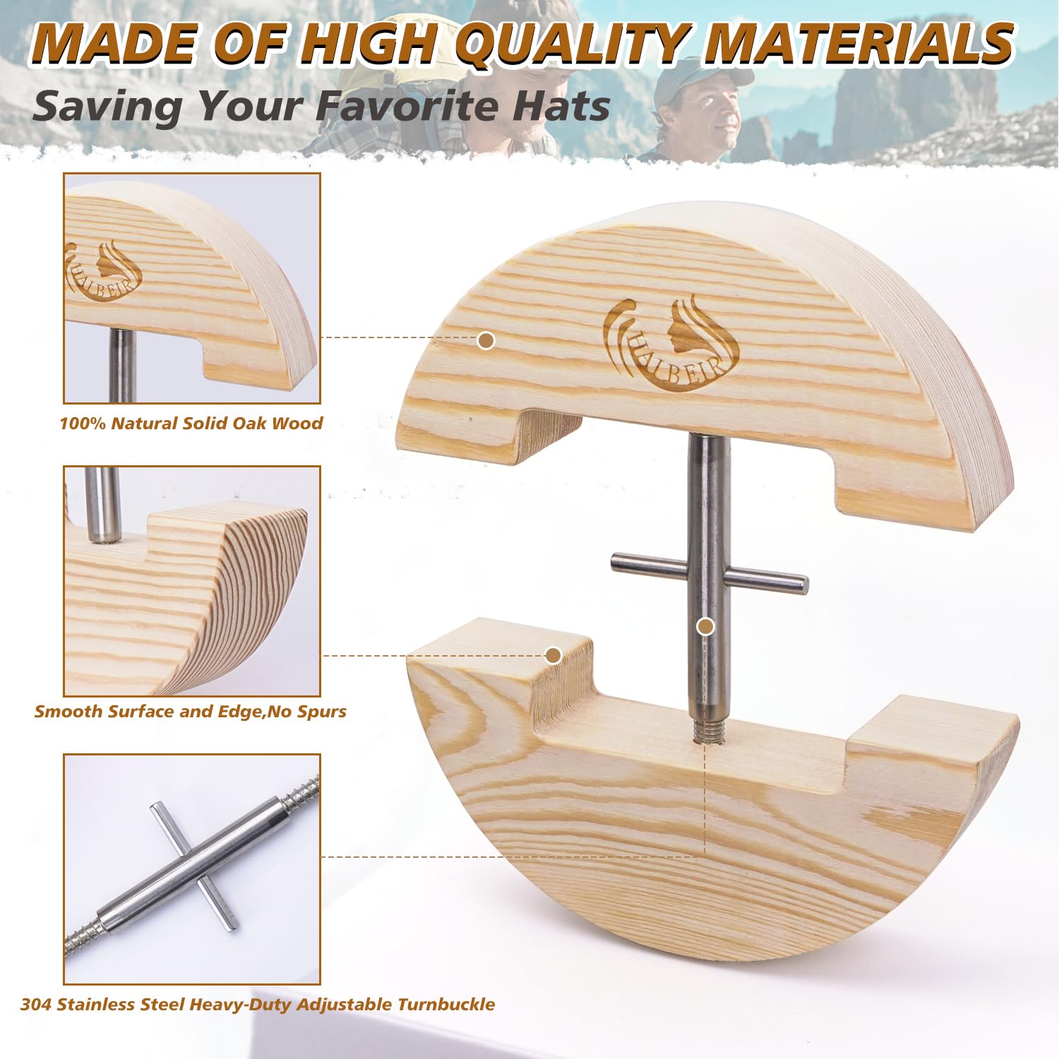 HAIBEIR Hat Stretcher for Fitted Hats Heavy-Duty Turnbuckle Adjustable to All Hats for Adults (Large Size) Natural