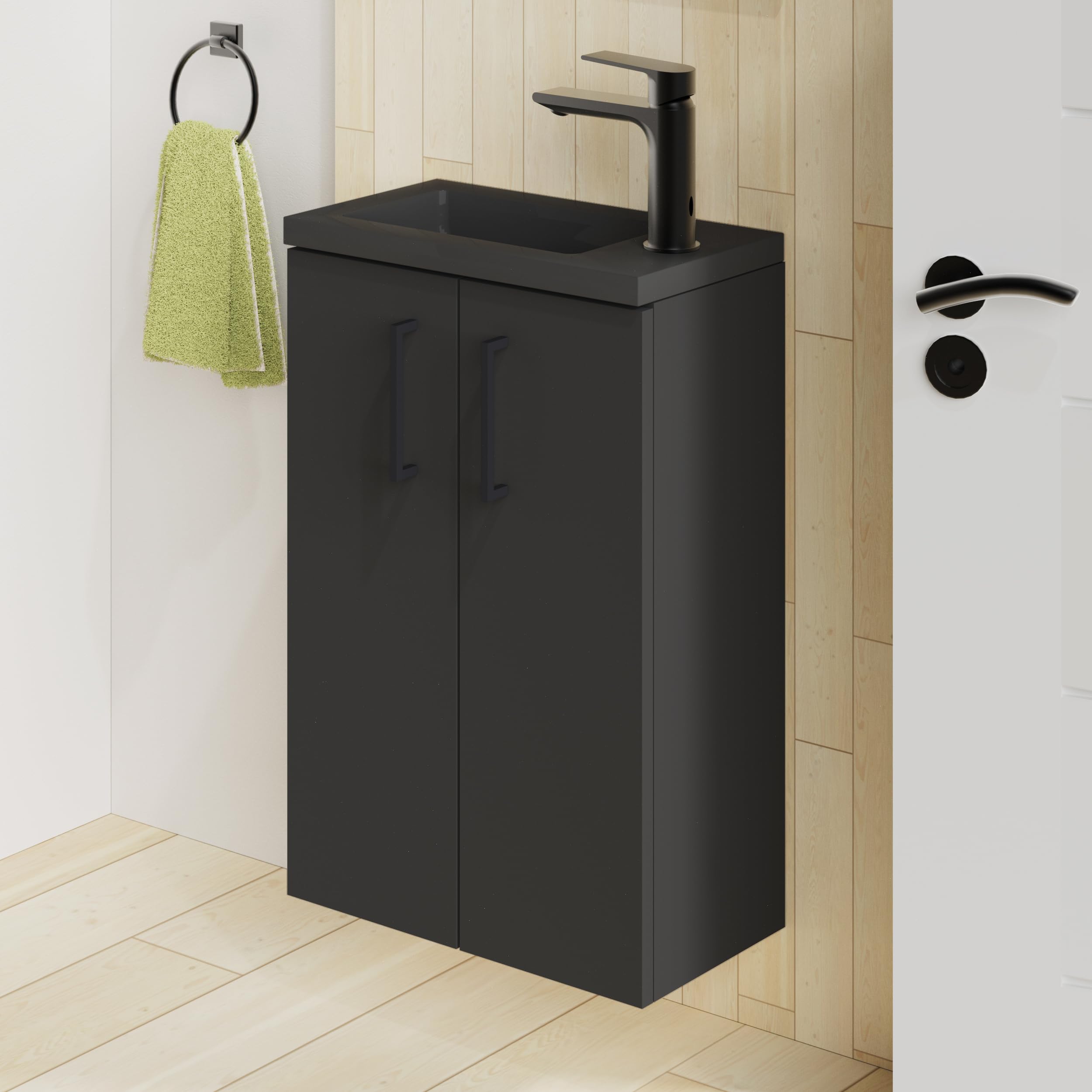 Baikal Mueble de Baño Unicolor. Conjunto de Baño de 2 Puertas con Tirador. Suspendido en Pared, Incluye Lavabo cerámico. Lavamanos de Fondo 20cm. Mueble MONTADO. Lavamanos con Espejo 40 cm Negro Mate