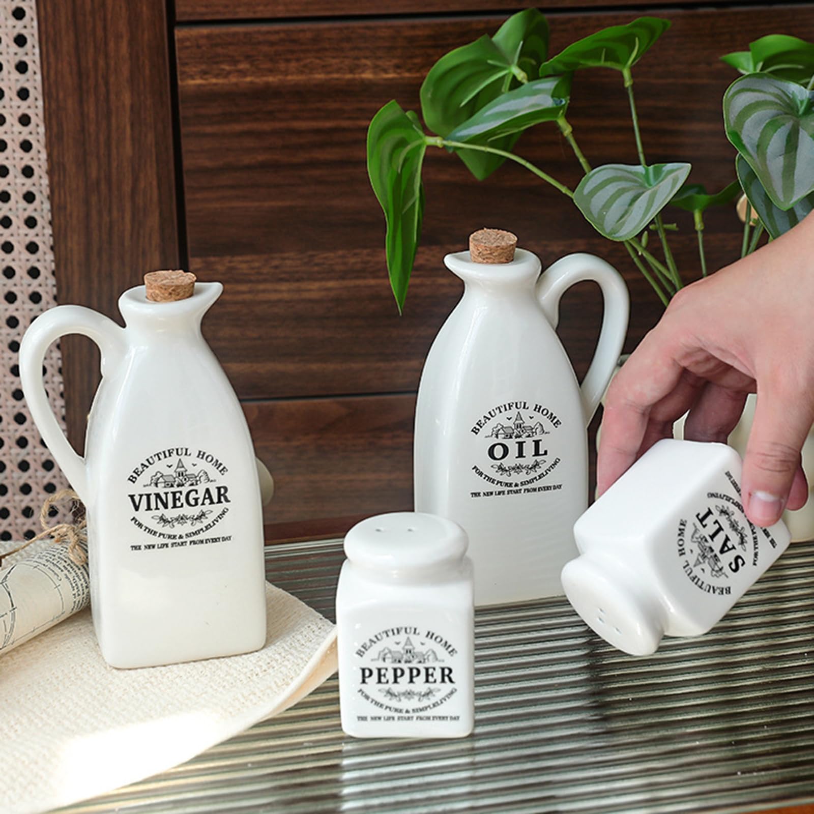 Set di 4 dispenser in ceramica con bottiglia per olio, aceto, sale, pepe, pratica cottura a casa, bottiglie di olio e aceto