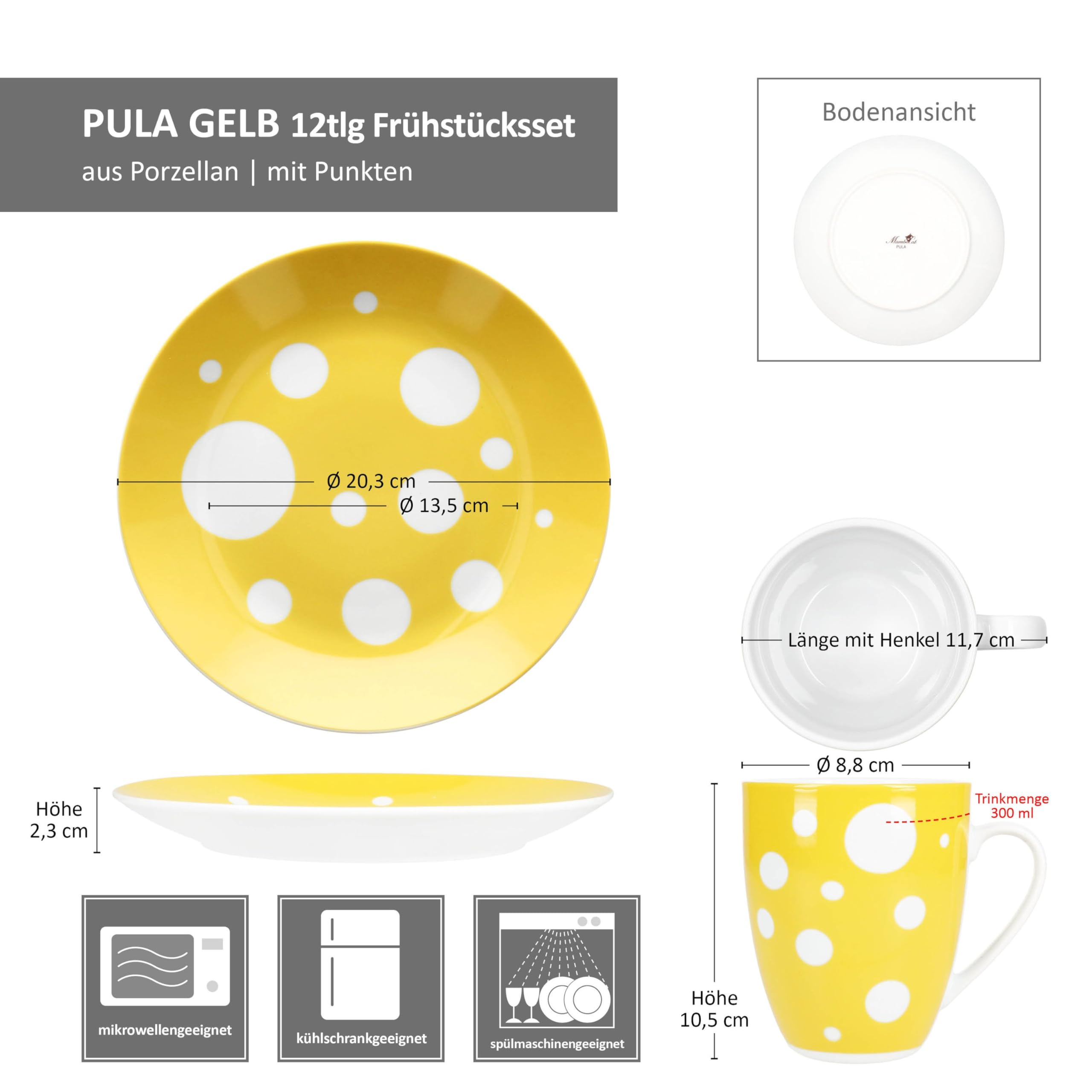 MamboCat Pula gelb 12tlg Frühstücksset I je 6X Gepunktete Kuchenteller & Kaffeebecher 300 ml aus Porzellan I 6 Personen I gelbes Punkte-Dekor I für Frühstück & Kaffee