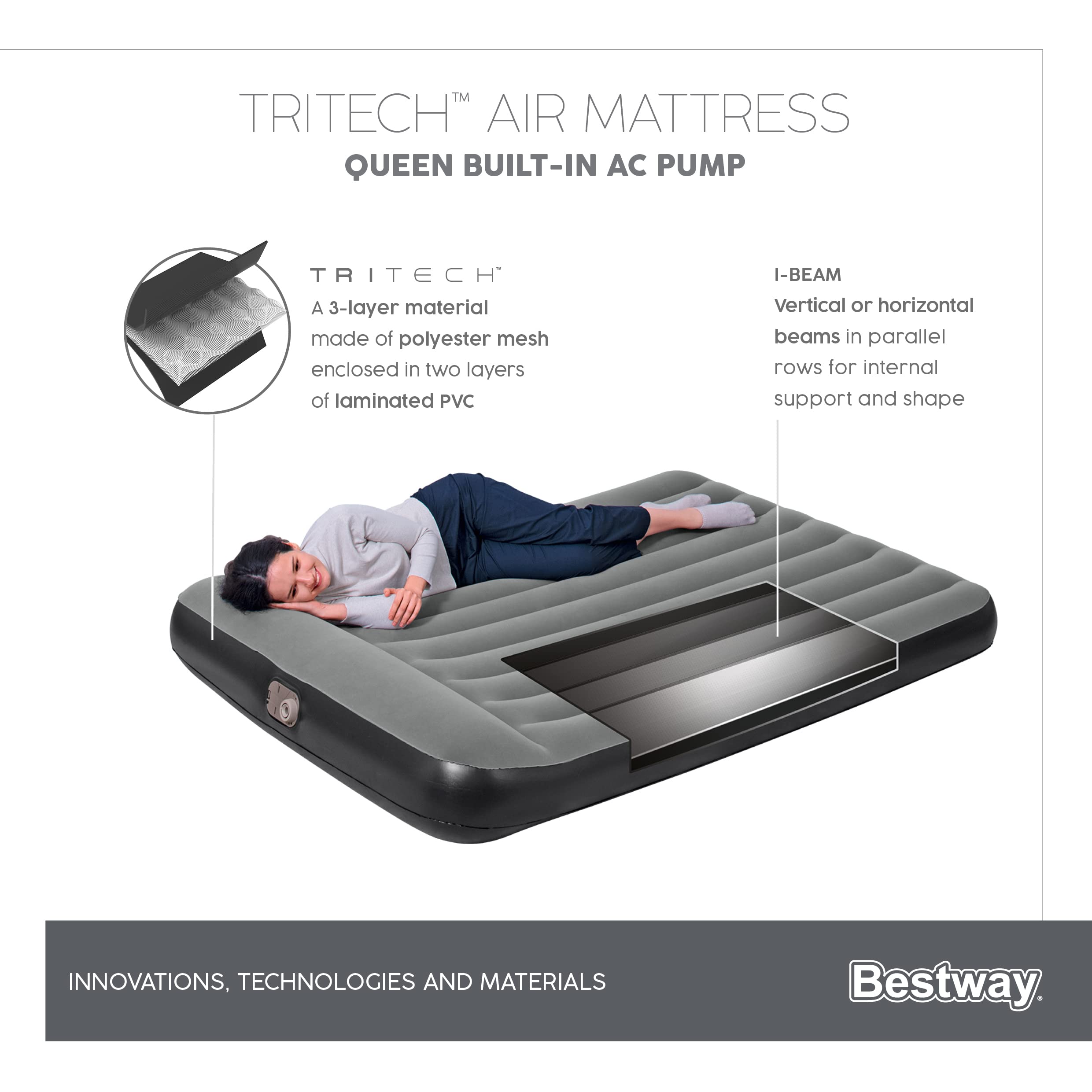 Bestway TriTech Aerolux materac dmuchany ze zintegrowaną pompą elektryczną Double XL/Lo 203 x 152 x 30 cm