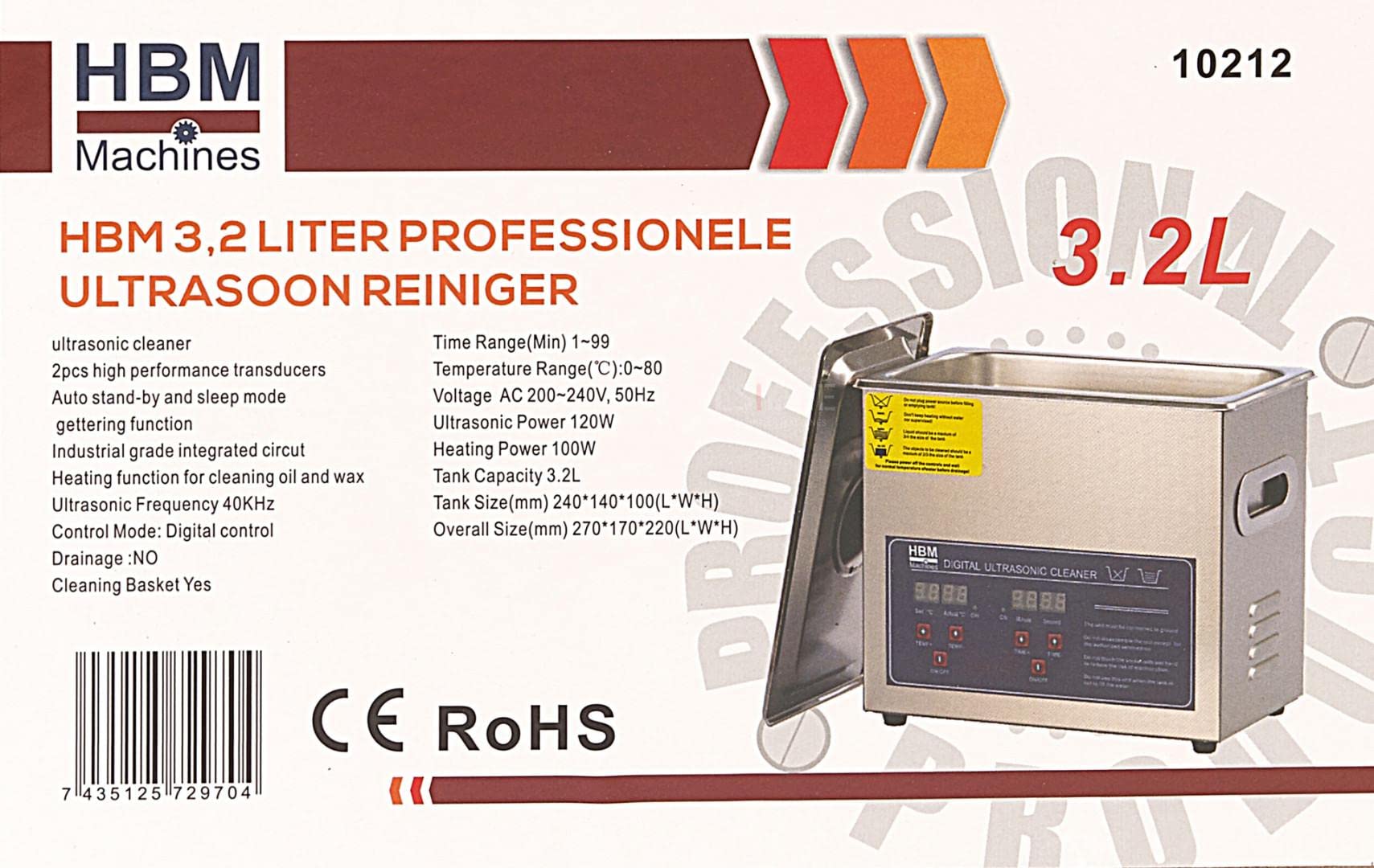 Detergente ad ultrasuoni professionale HBM da 3,2 litri