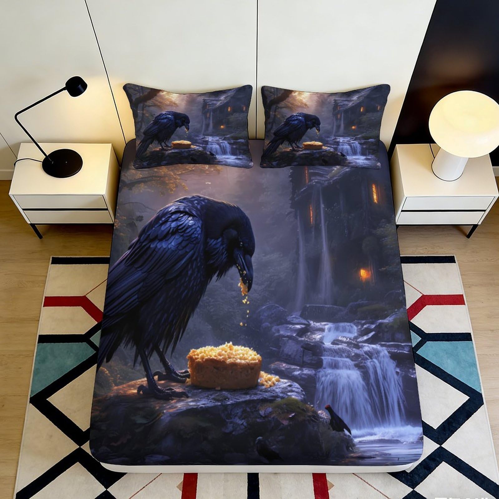 3D Printed Raven Waterfall Fitted Sheet Microfiber Soft Dark Gothic Bed Sheet for Bedroom Guest Room Decor 90x200x25cm