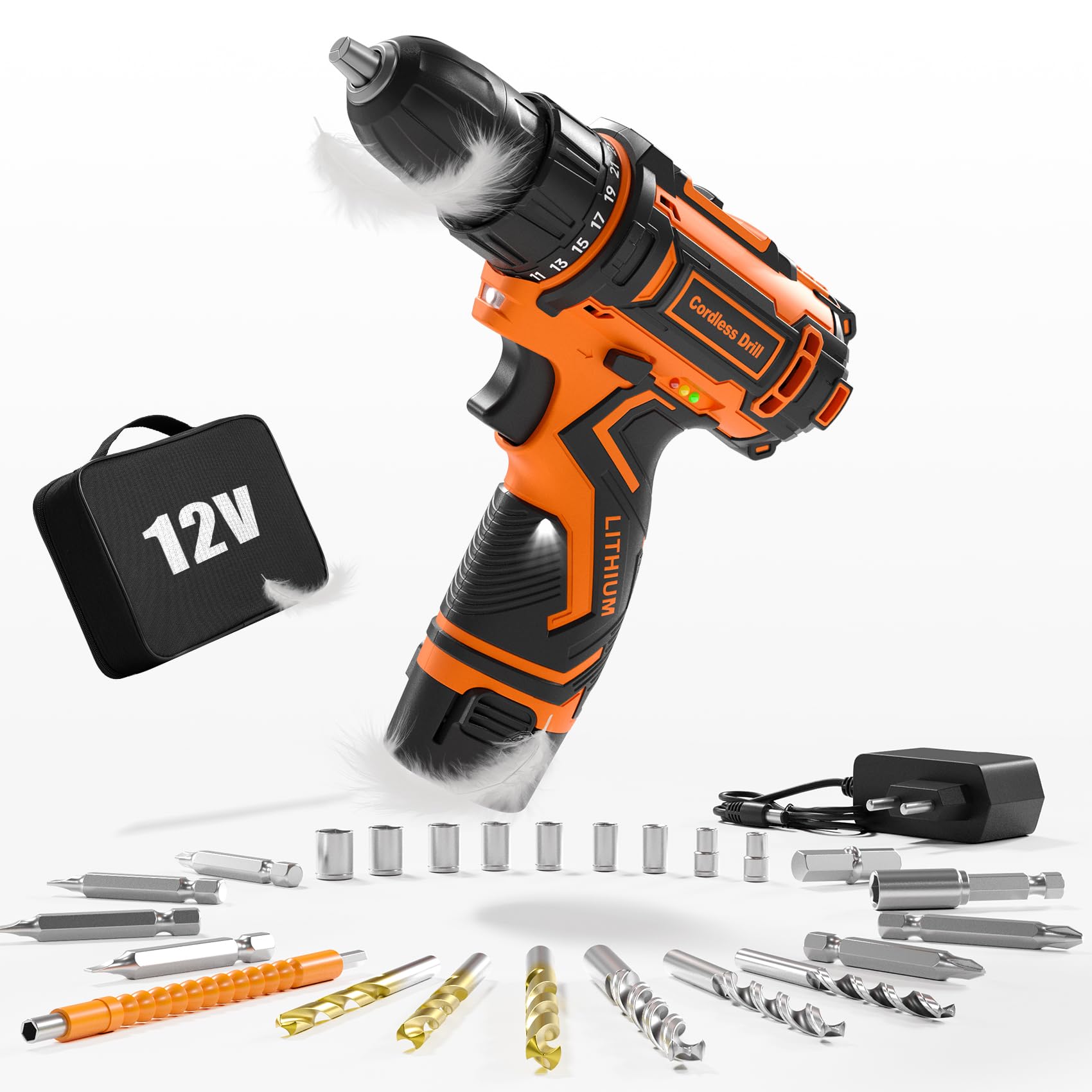 Taladro Atornillador Batería, Taladro Bateria De 12 V, Taladro Inalámbrico De 2 Velocidades, 25+1 Ajustes De Par, Par De 25 Nm, Batería De 2,0 Ah, 25 Accesorios, Luz LED, Para Bricolaje