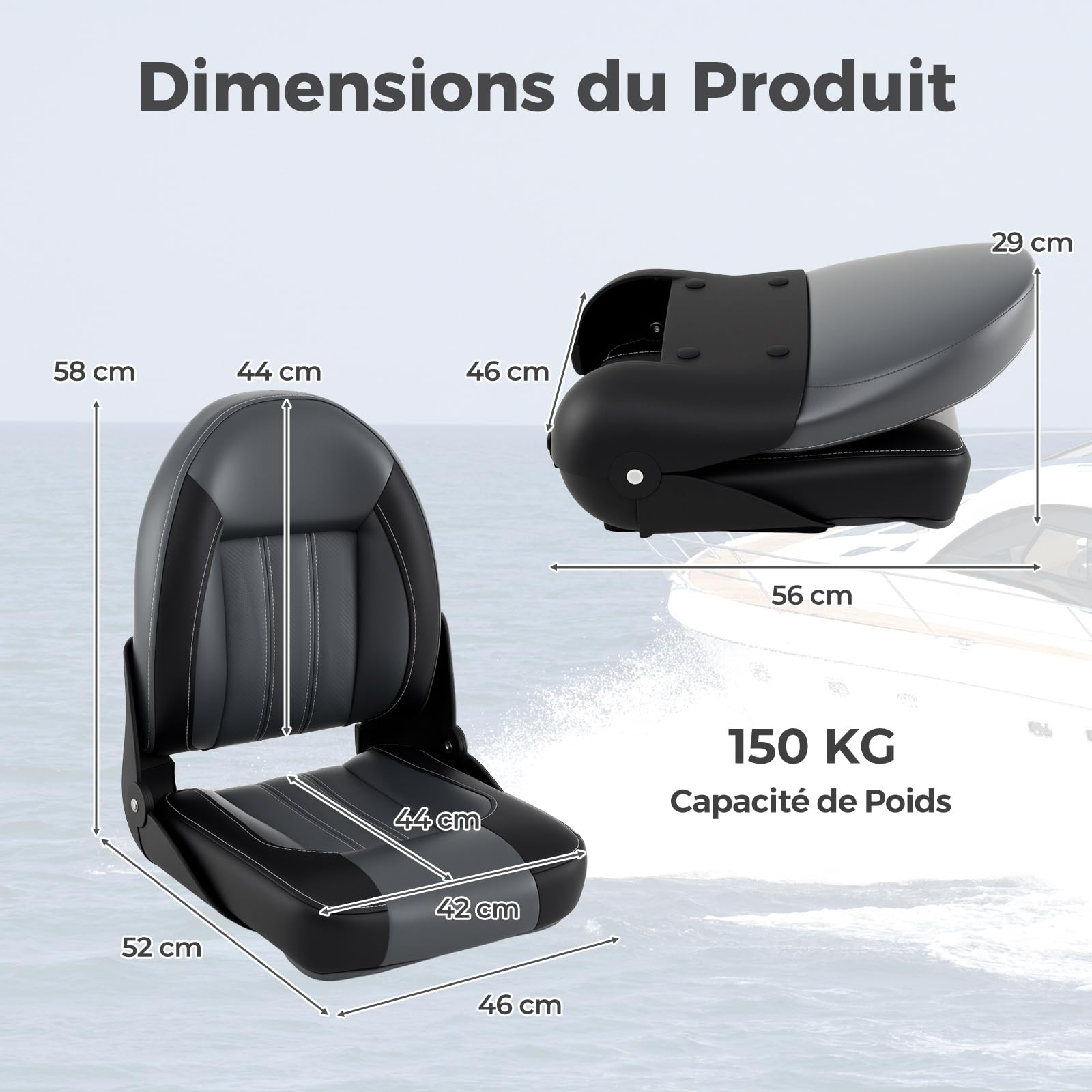 GYMAX Sièges de Bateau 2 Pièces, Dossier Haut Pliable, Siège en Simili Cuir, Rembourrage en Éponge, Compatible avec Piédestal Fixe ou Pivotant, pour Bateau de Pêche, Bateau de Tourisme, Yacht